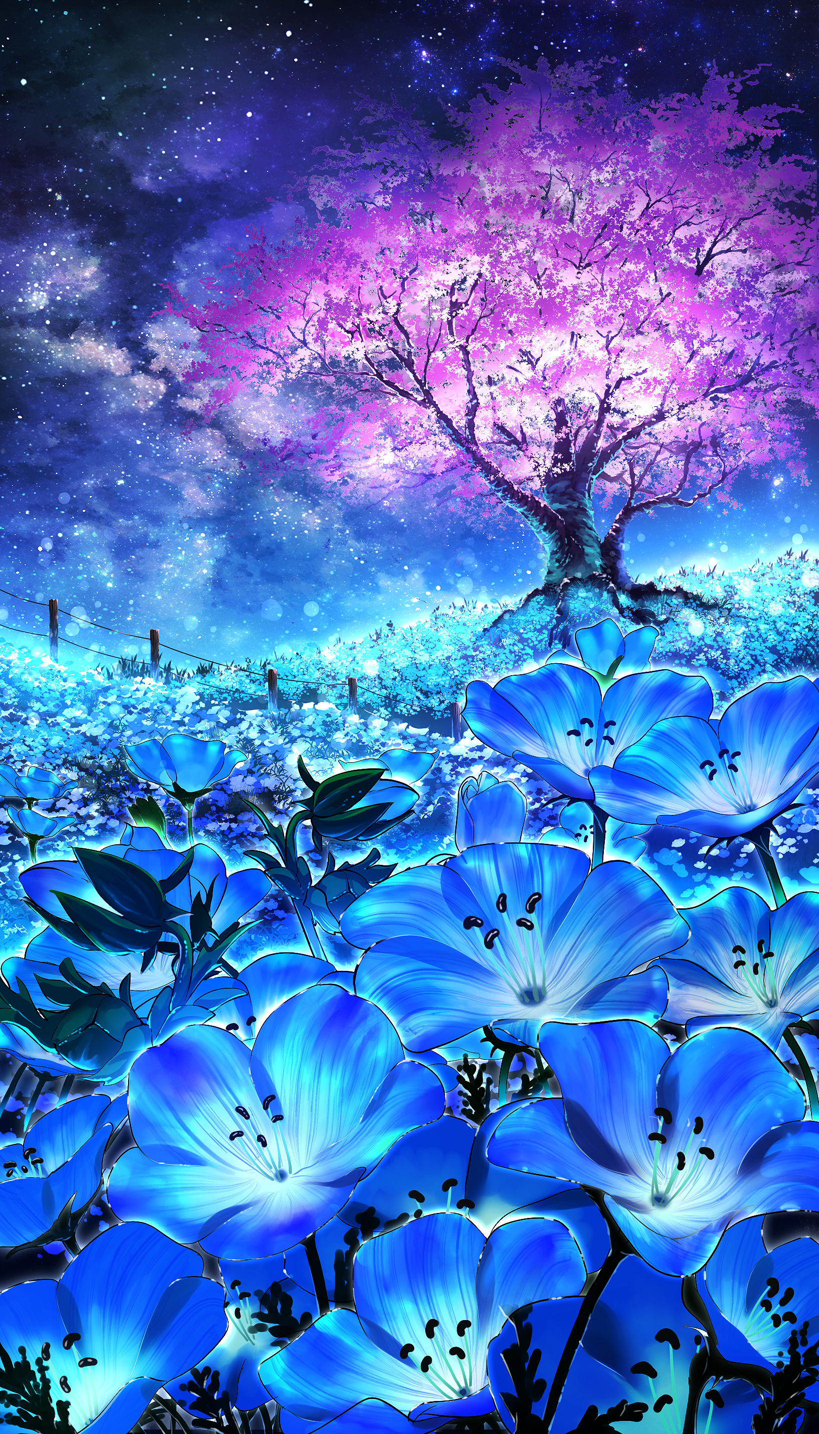 Portrait Display Flowers Starry Night Starred Sky Blue Flowers Landscape Stars Night Field Cherry Bl 1637x2867