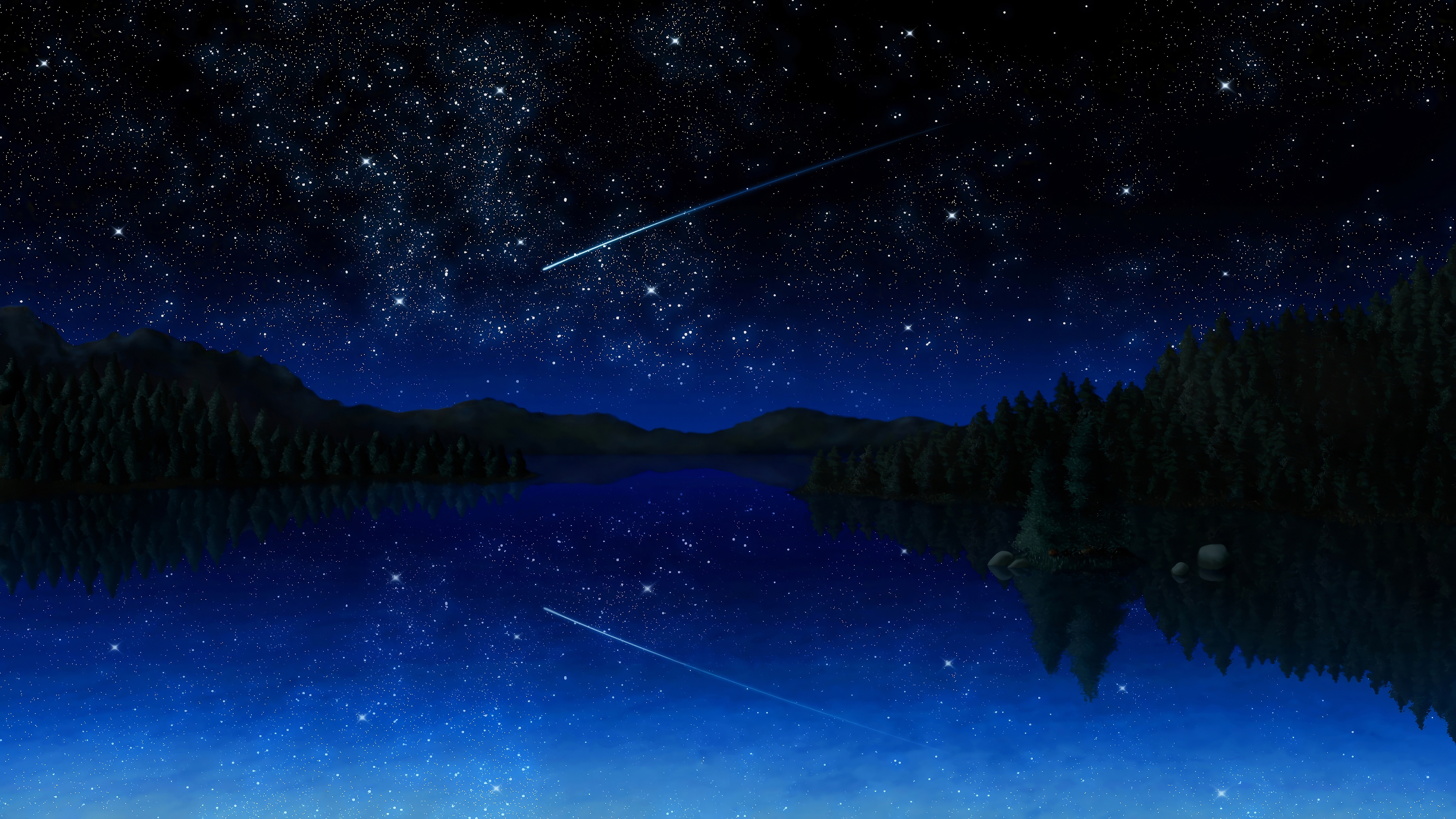 Anime Drawn Digital Art Night Blue Sky Stars Pine Trees Sea Water Shiny Comet 3840x2160