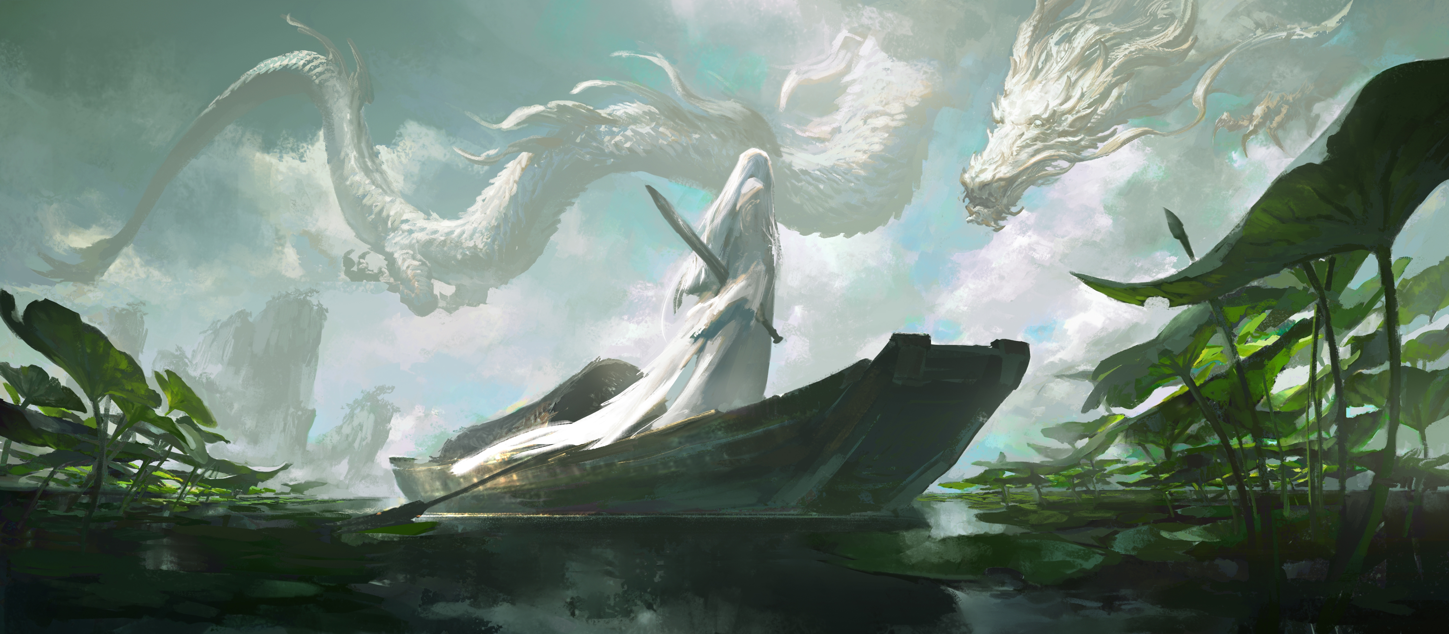 LEO Artist White Hair Dragon Chinese Clothing Boat Sky Weapon Leo Dont Want To Be A Painter Depth Of 5000x2190