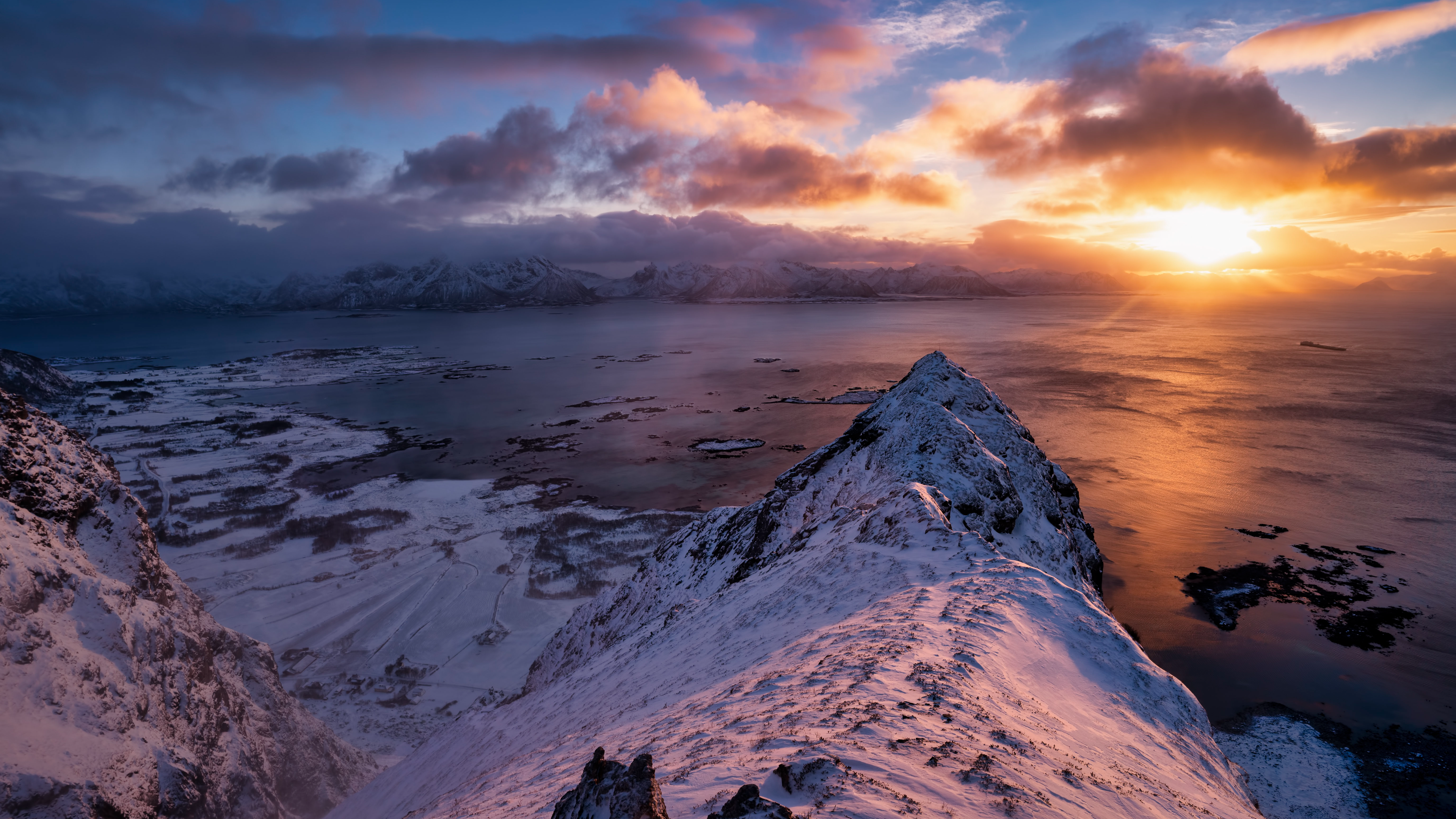 Nature Landscape Mountains Clouds Sky Snow Winter Sea Water Sun Far View Oil Tanker Ship Lofoten Nor 3840x2160