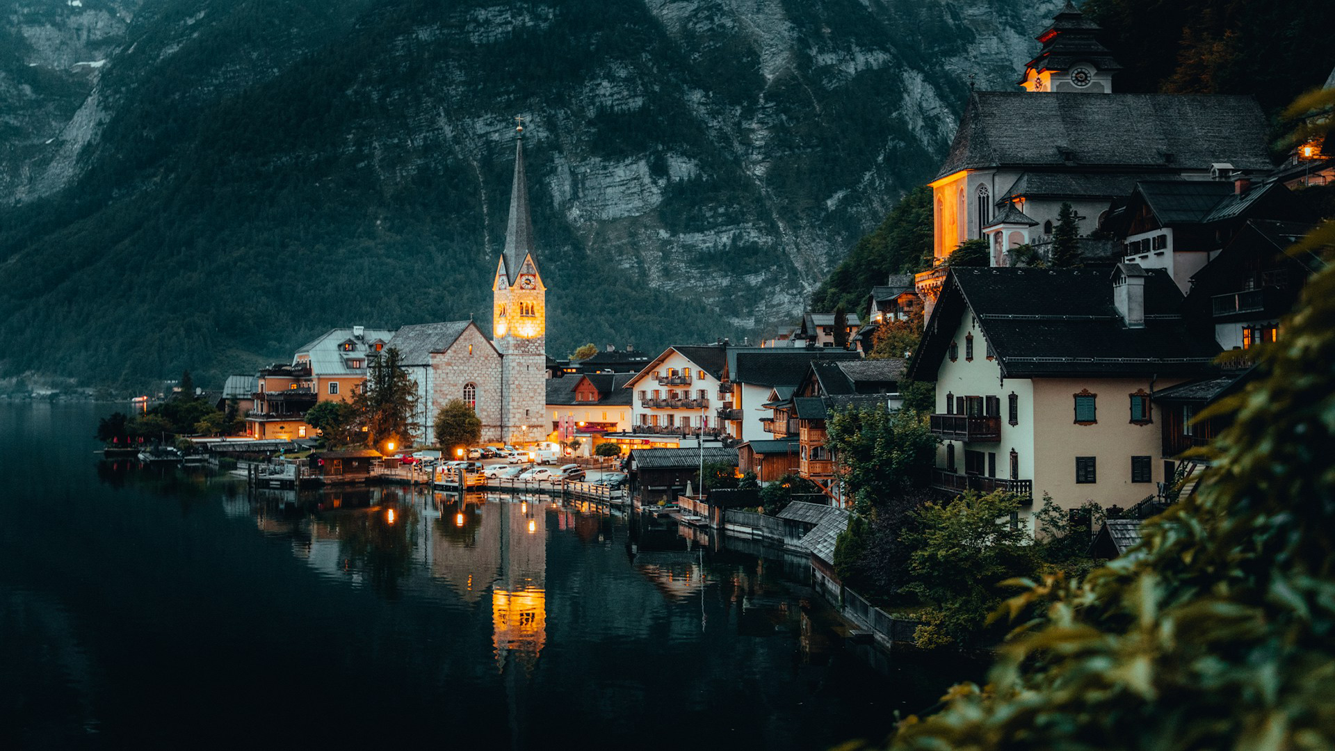 Landscape Mountains Town Water Plants Trees Lake Reflection House Hallstatt Austria 1920x1080