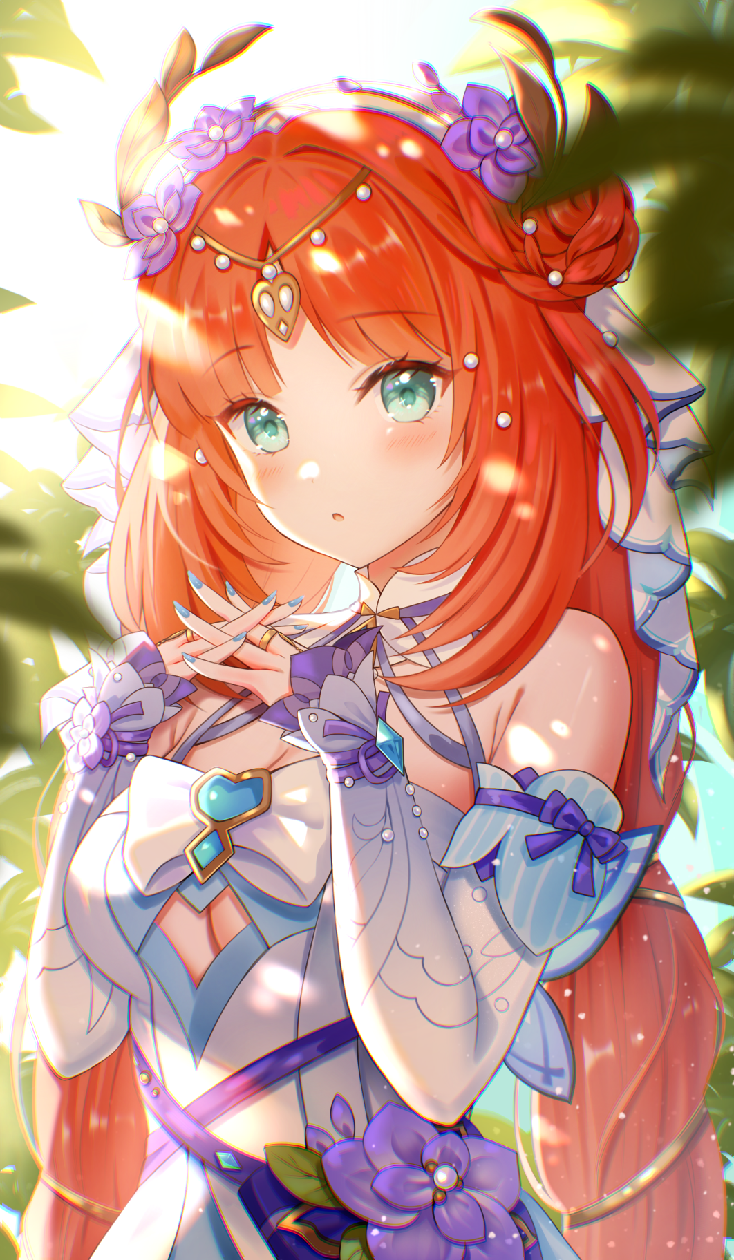 Genshin Impact Artwork Nilou Genshin Impact Anime Anime Girls Redhead Green Eyes White Dress Sunligh 1062x1823