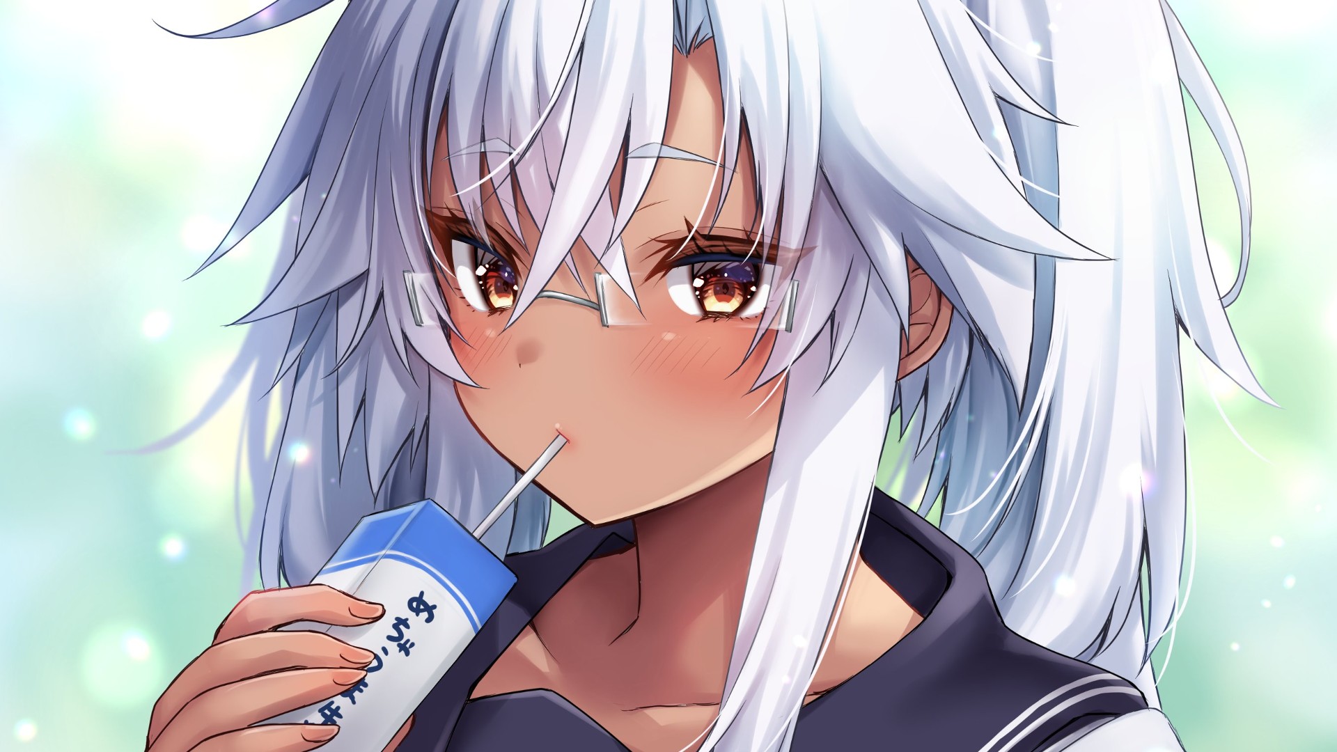 Musashi KanColle Kantai Collection Brown Eyes White Hair Glasses Drinking School Uniform Anime 1920x1080