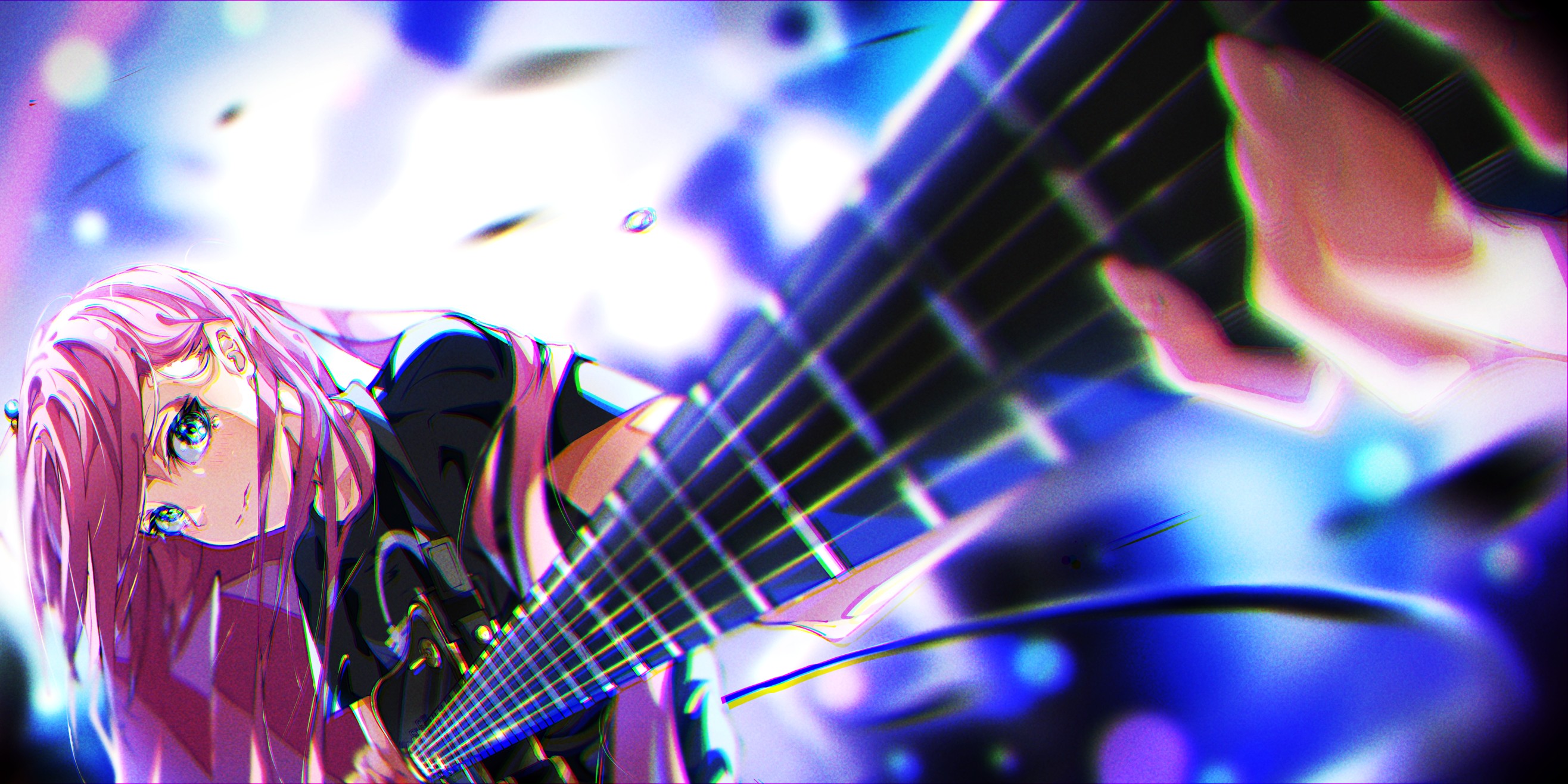 Anime Anime Girls BOCCHi THE ROCK Gotou Hitori Pink Hair Long Hair Guitar Depth Of Field Nails Green 2632x1317
