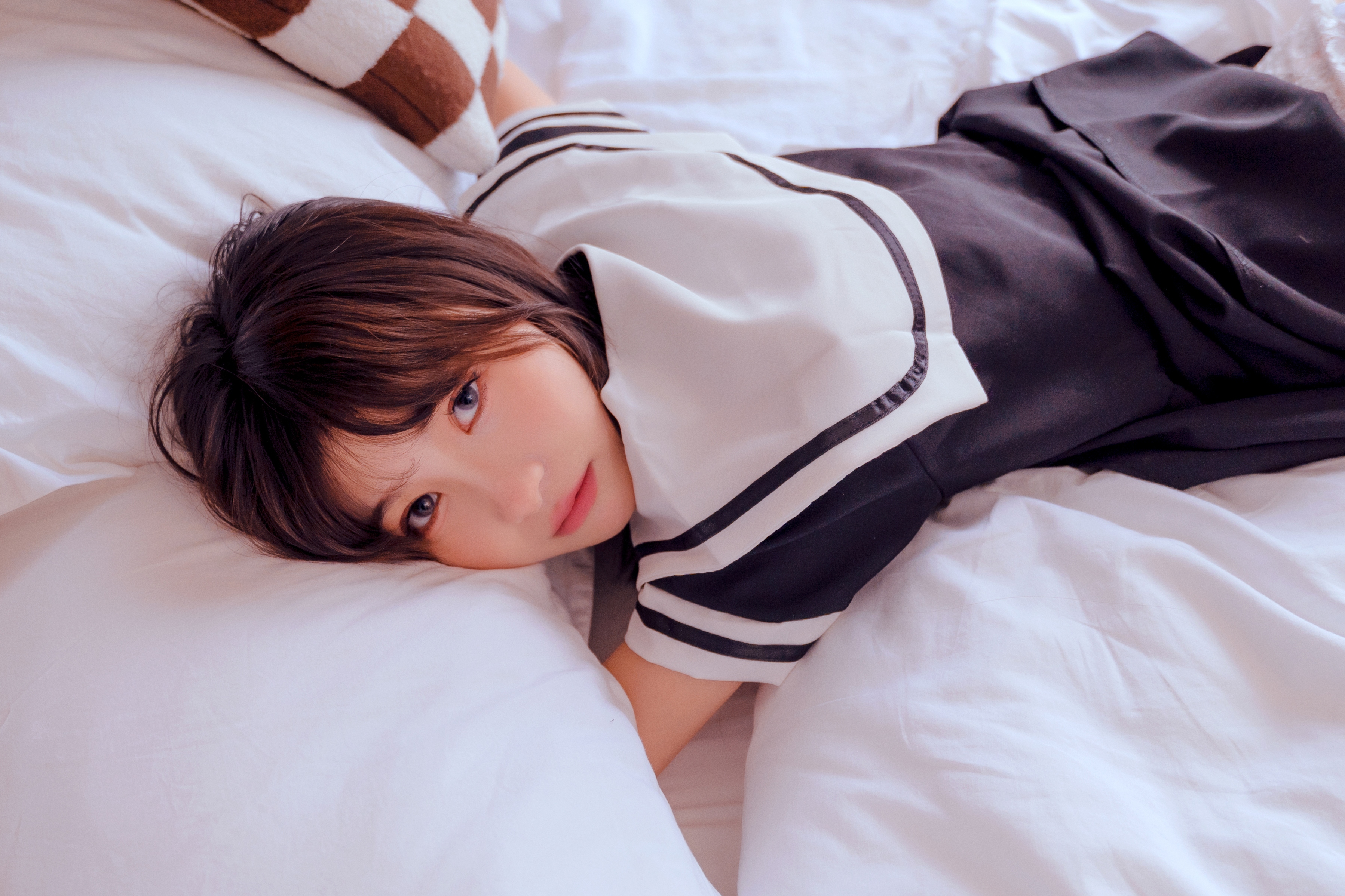 Bed School Uniform Asian Women Lying Down Looking At Viewer 3596x2397