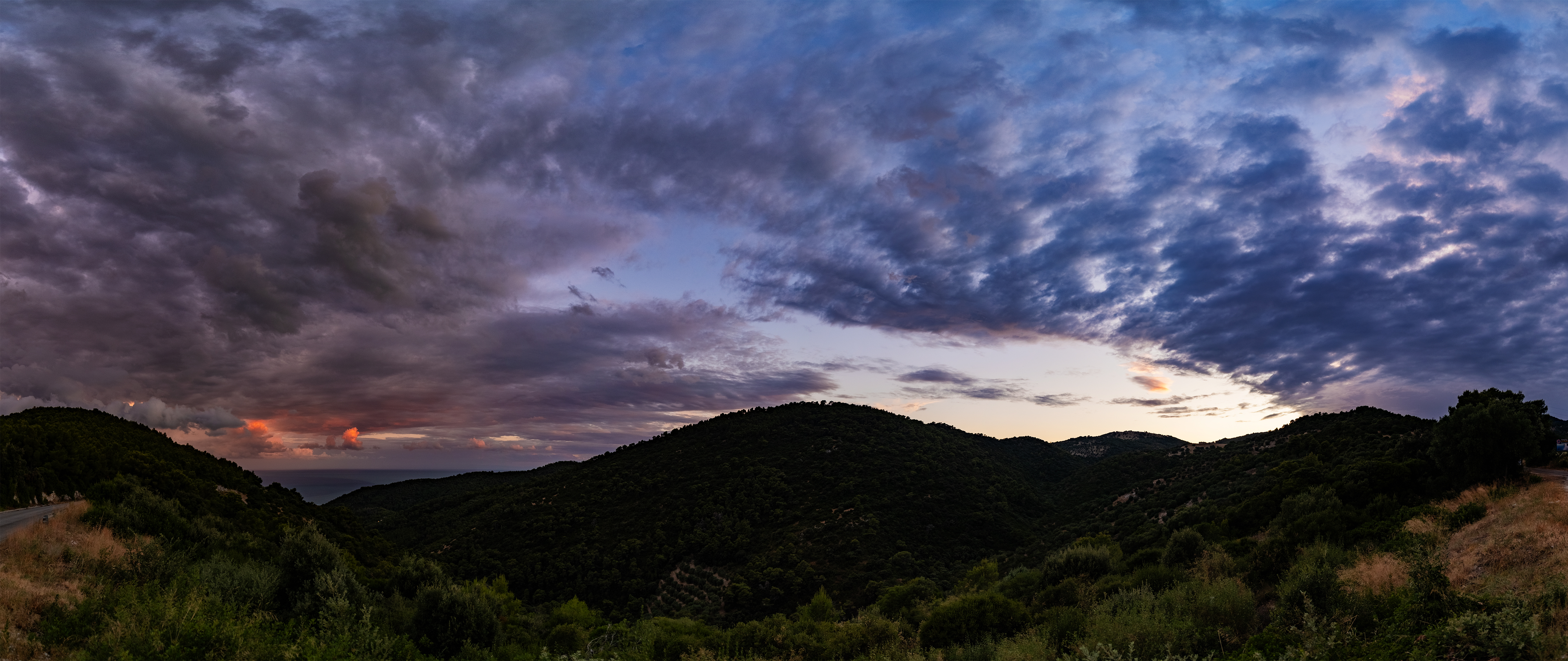 Italy Evening Glow Evening Sky Sunset Hills Sea Landscape Wide Angle Panorama Strada Provinciale Mat 5120x2160