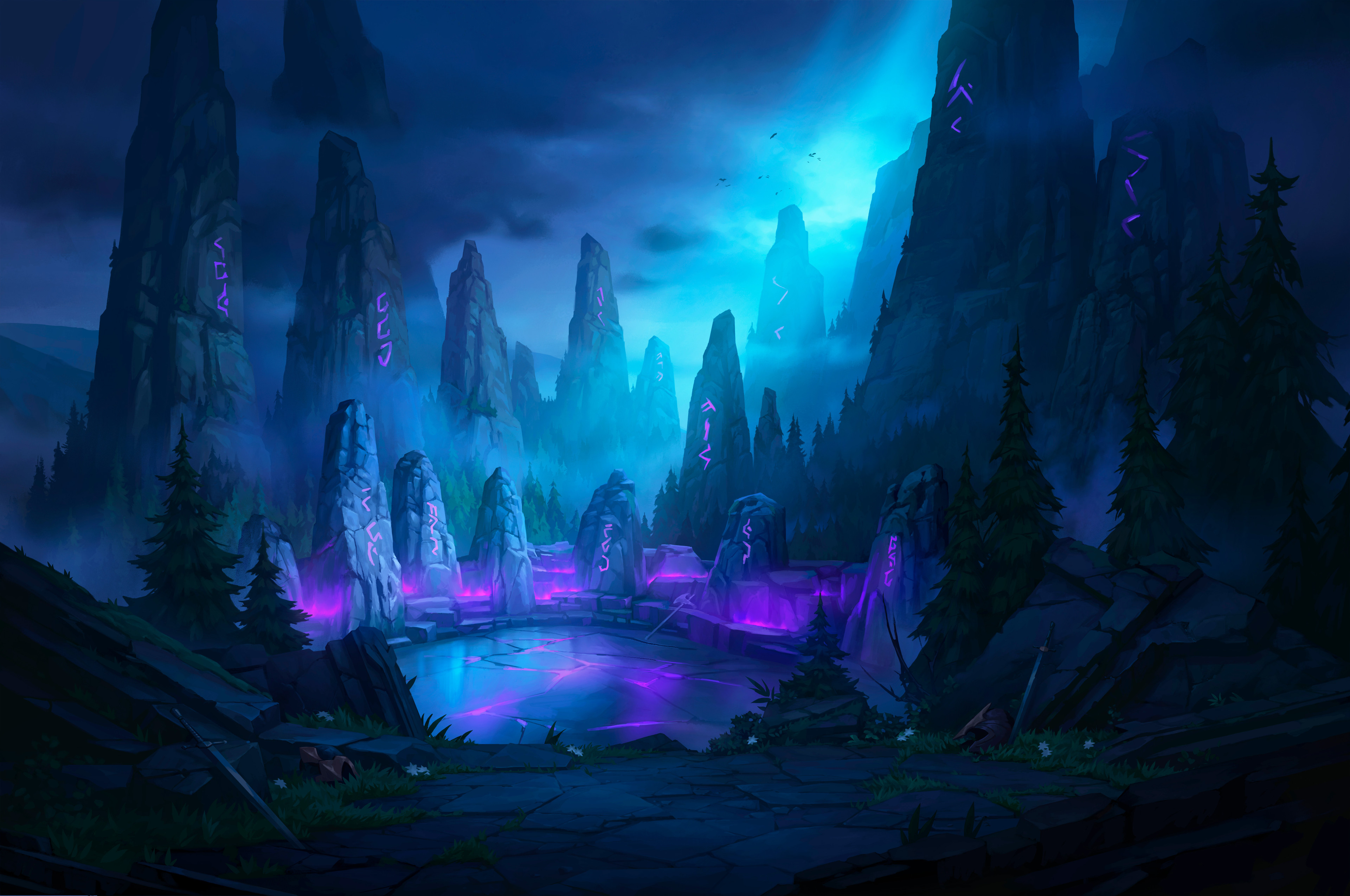 Grafit Studio Drawing Landscape Mountains Dark Night Runestone Forest 3840x2550