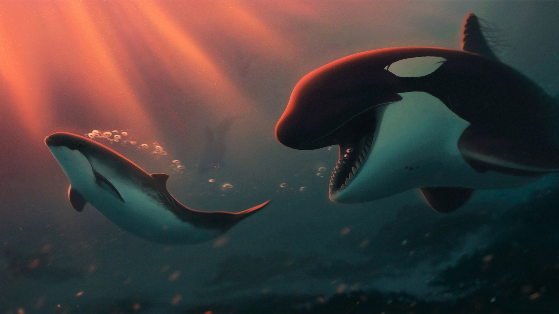 Nature Animals Orca Digital Art Underwater Bubbles Fangs Sun Rays Ekateruna Kelyukh 1920x1080