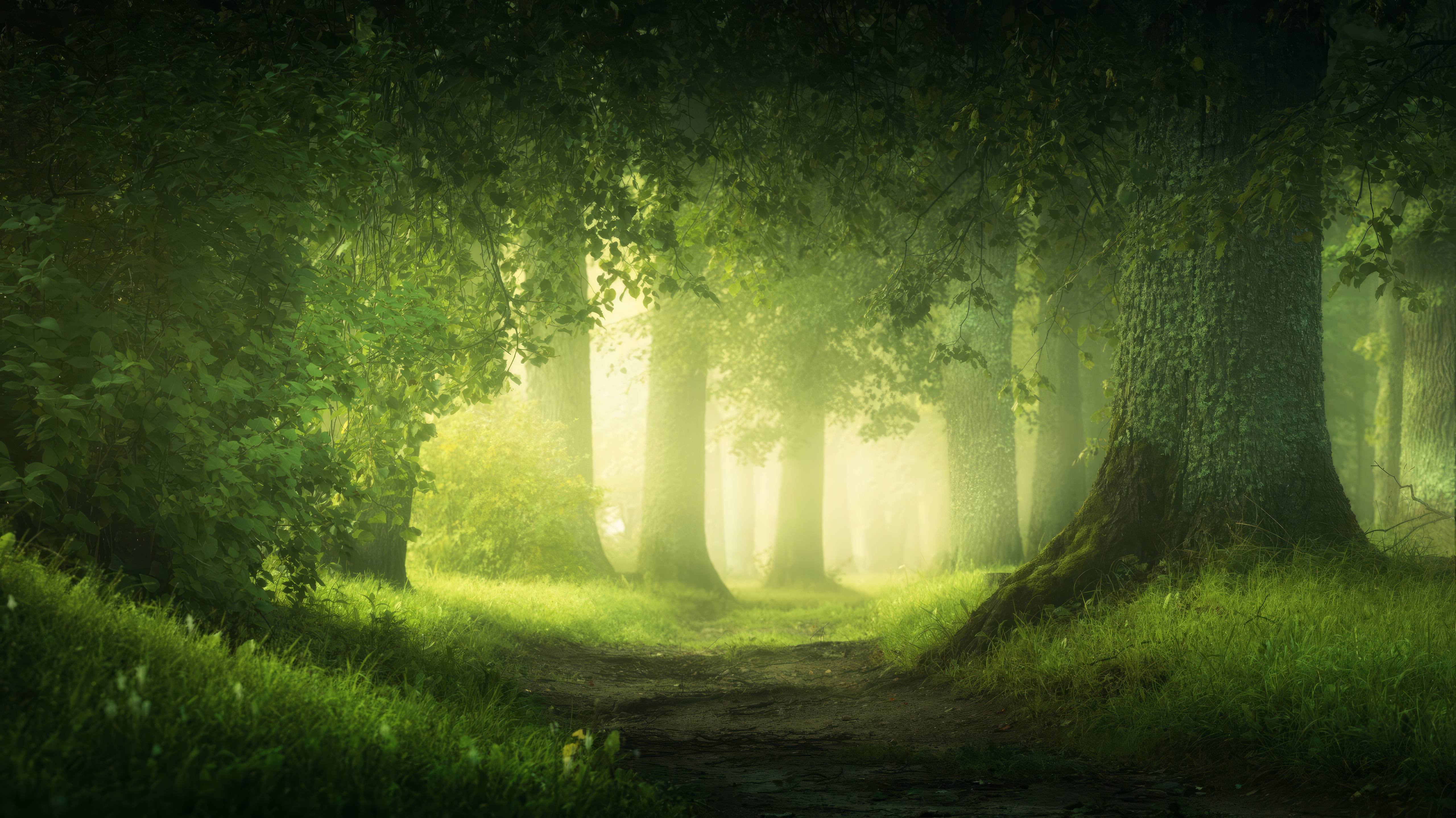 Green Landscape Nature Sunlight Grass Forest Trees Leaves Glowing Dirt Path 5120x2874