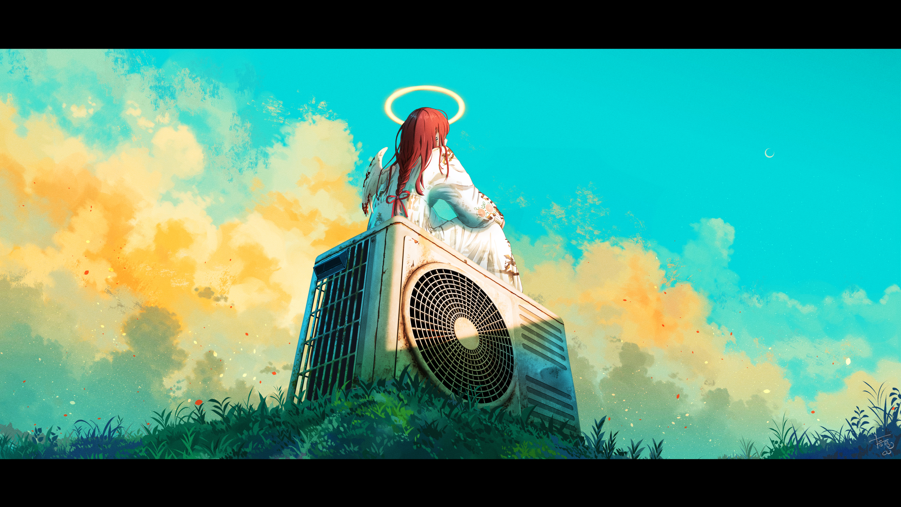 Anime Anime Girls Wings Air Conditioning Clouds Grass Moon Sky Sitting Shuu Illust 3000x1688