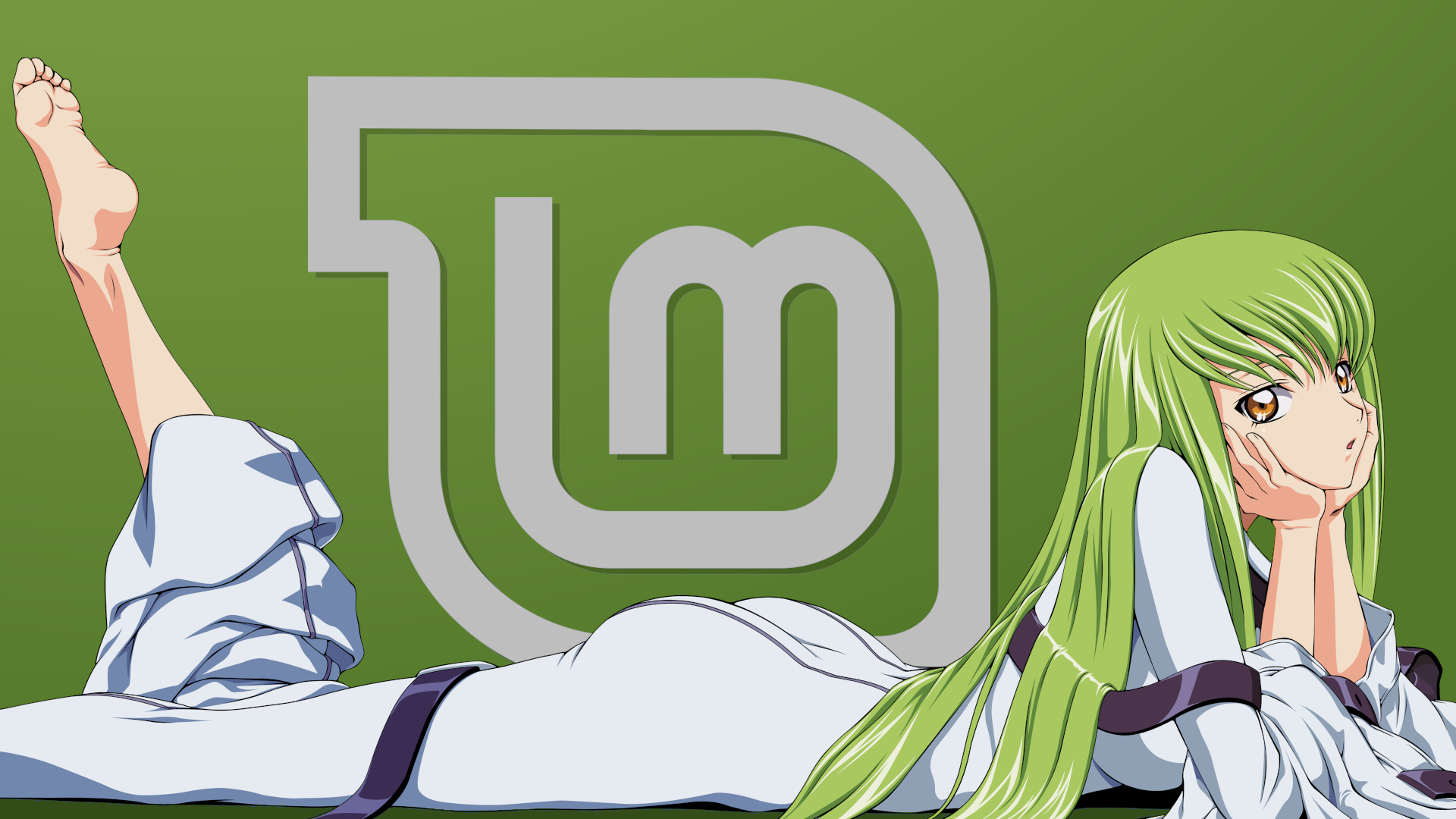 Linux Linux Mint Green Hair Looking At Viewer Green Background Lying Down C C Code Geass Code Geass 1920x1080