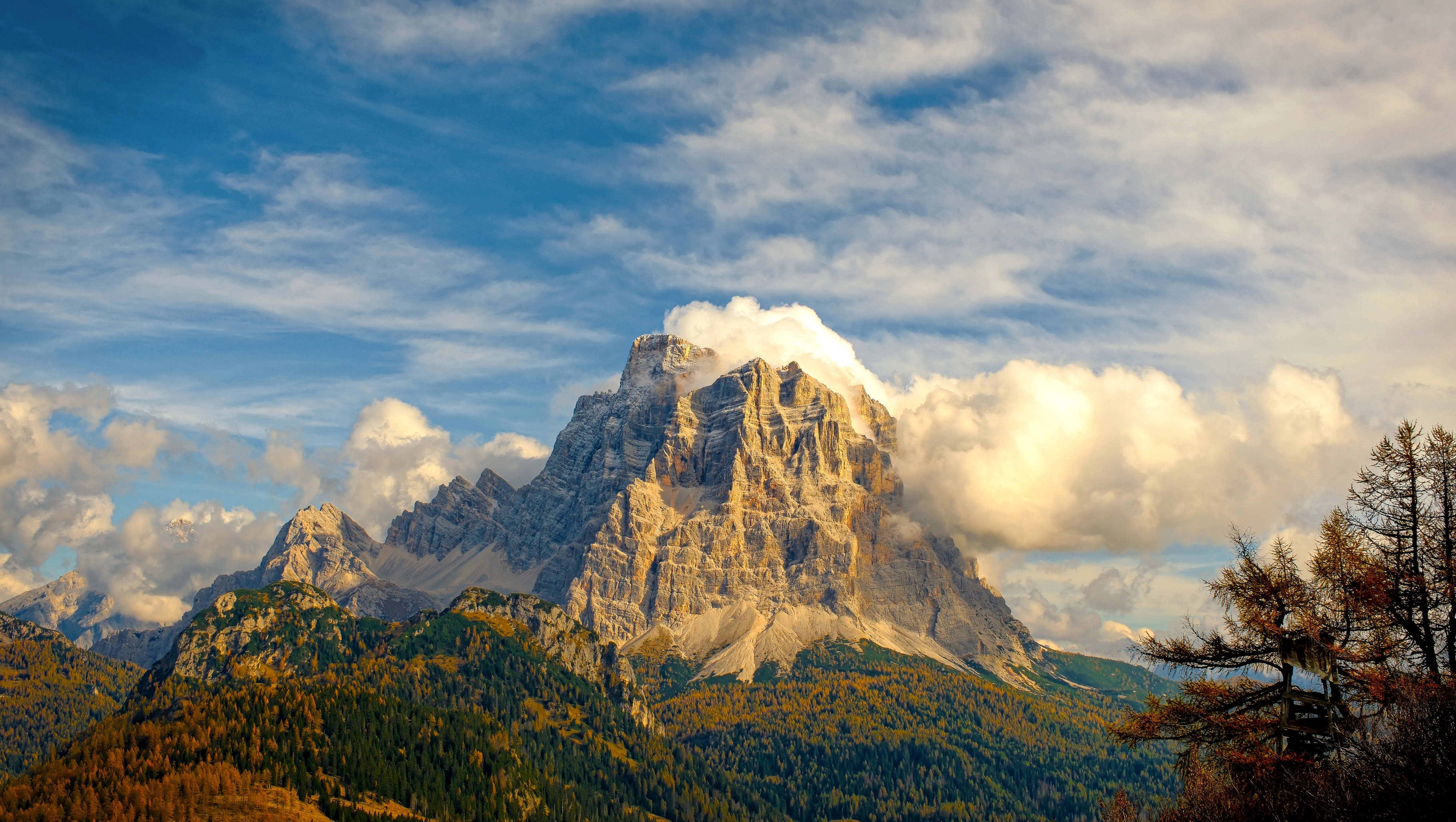 Nature Landscape Trees Forest Fall Mountains Rocks Clouds Sky Monte Pelmo Dolomites Italy 5100x2880