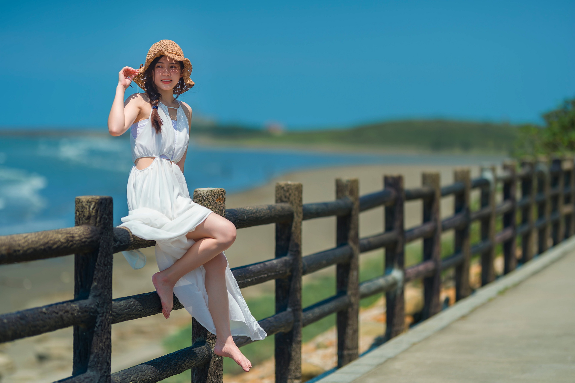 Asian Model Women Dark Hair Long Hair Sitting Straw Hat 1920x1280