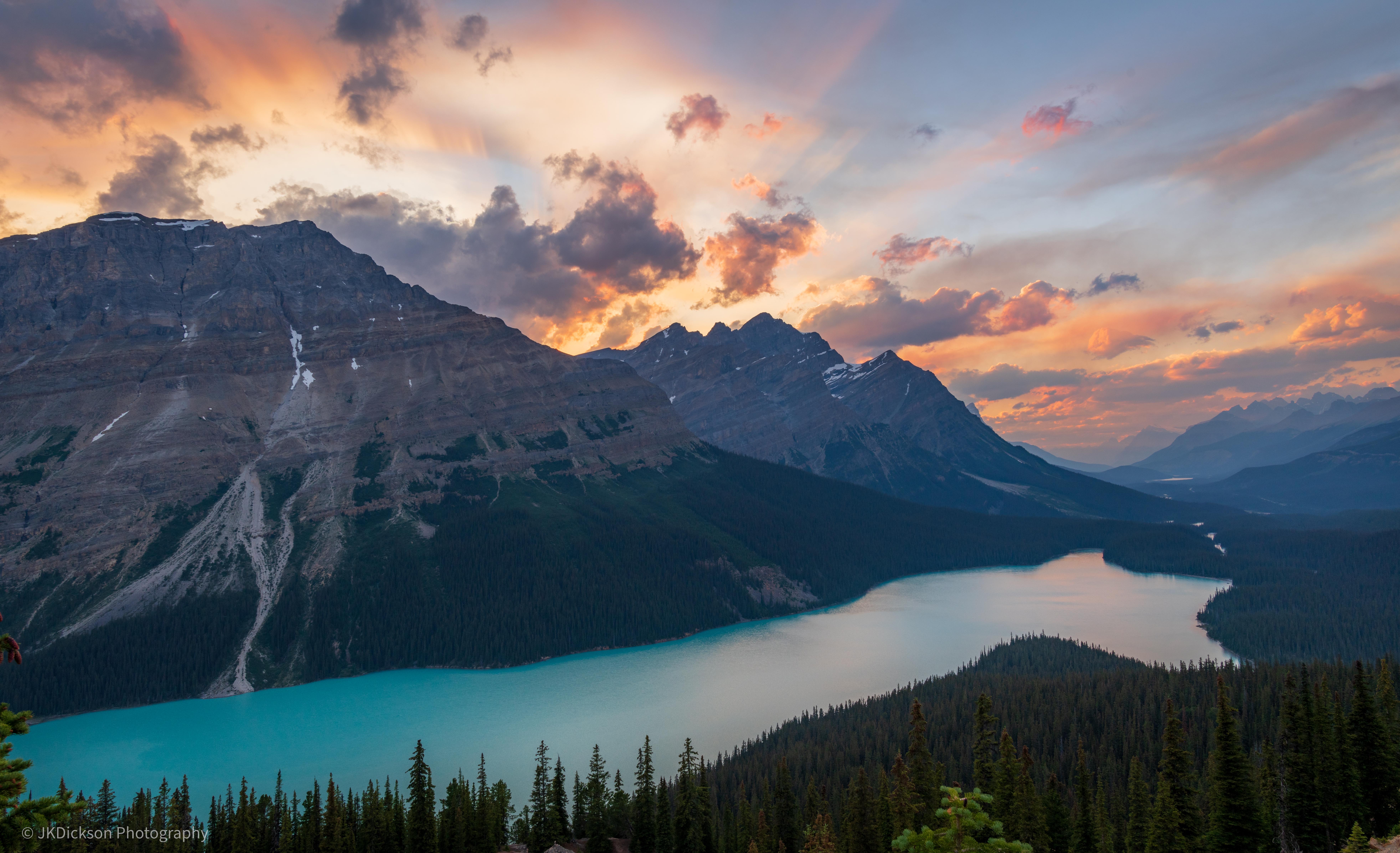 Lake Landscape Nature Clouds Sunset Alberta Canada USA Forest Mountains Cliff 7854x4788