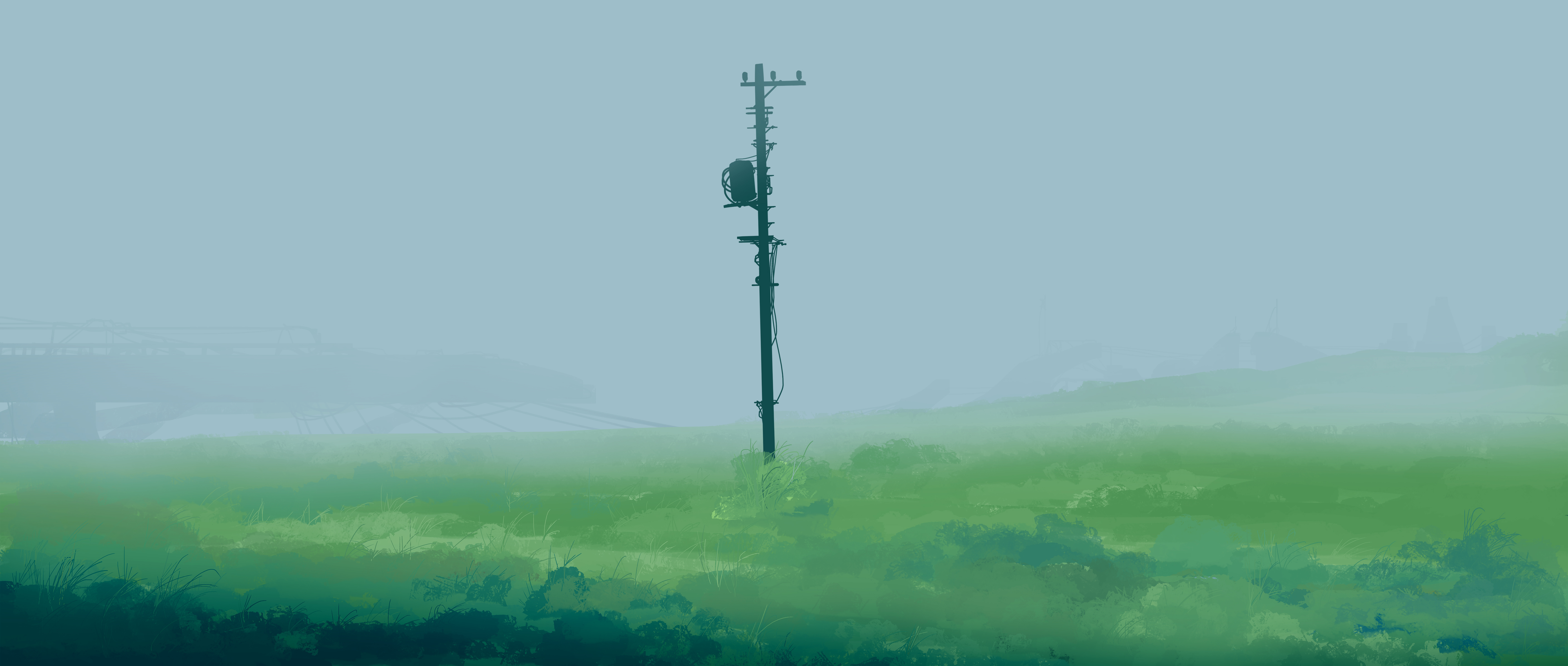 Anime Sky Gracile Grass Poles Fog Artwork 5640x2400