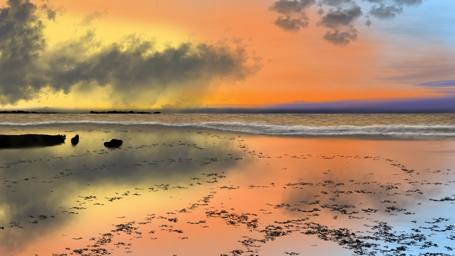 Digital Painting Digital Art Beach Colorful Landscape Horizon Water Waves 1920x1080