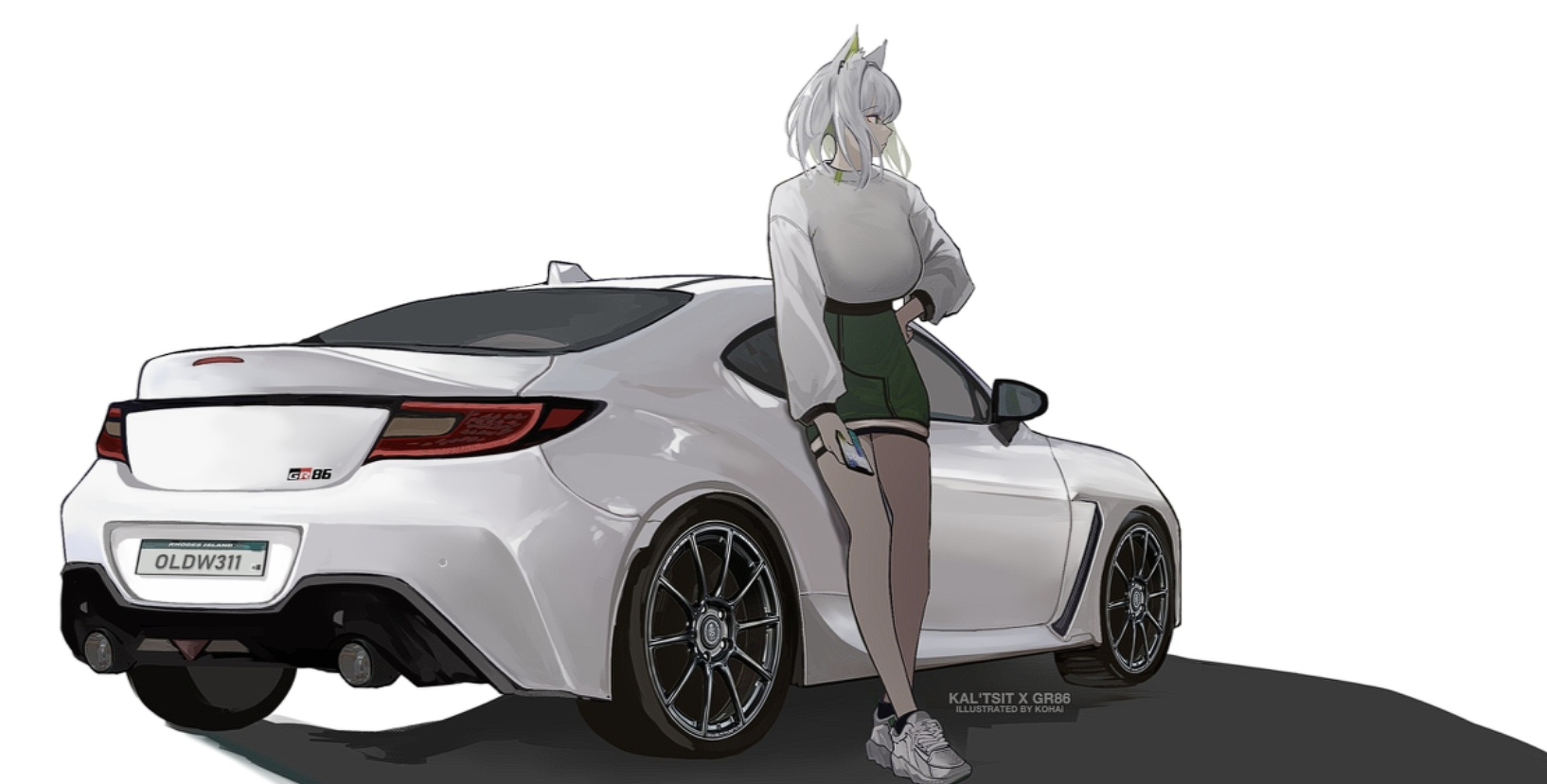 Toyota Toyota GR 86 Anime Anime Girls Fan Art Arknights White Cars Green Miniskirt Kaltsit Arknights 1634x828