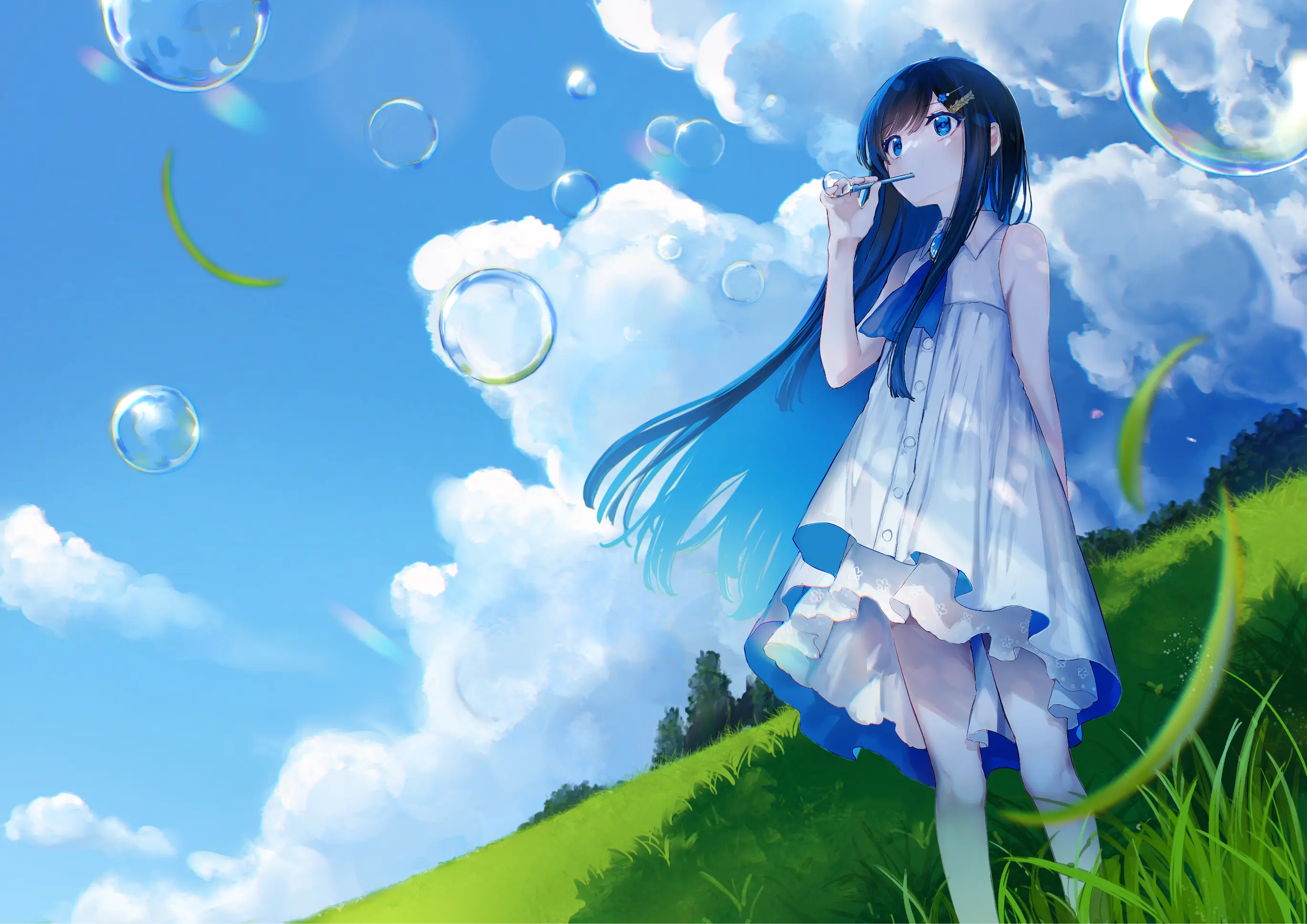 Cevio Looking Away Futaba Minato Cevio Sky White Dress Dark Blue Hair Clouds Women Outdoors Hair Orn 2736x1935