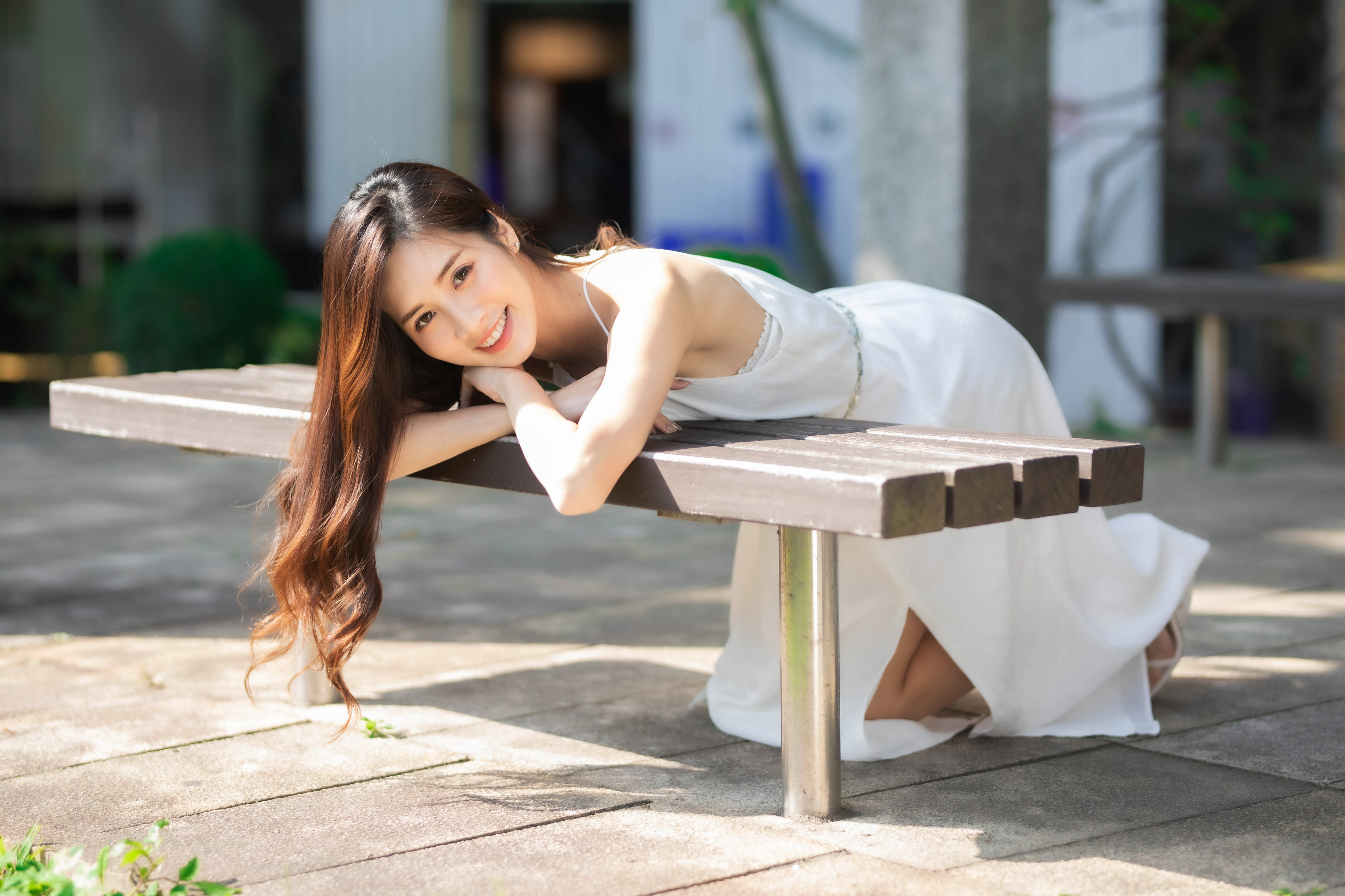 Asian Model Women Long Hair Dark Hair Bench White Dress Depth Of Field Looking At Viewer Leaning 3840x2560