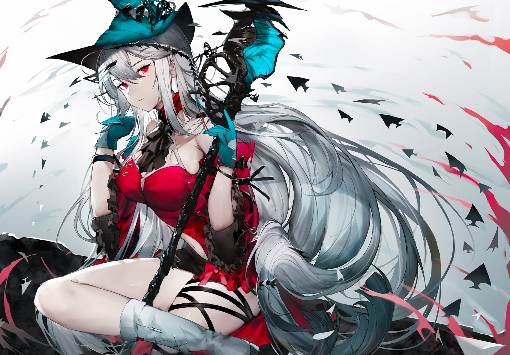 Arknights Legs Crossed Skadi Arknights Gloves Red Eyes Hair Ornament Closed Mouth Long Hair Looking  1700x1182