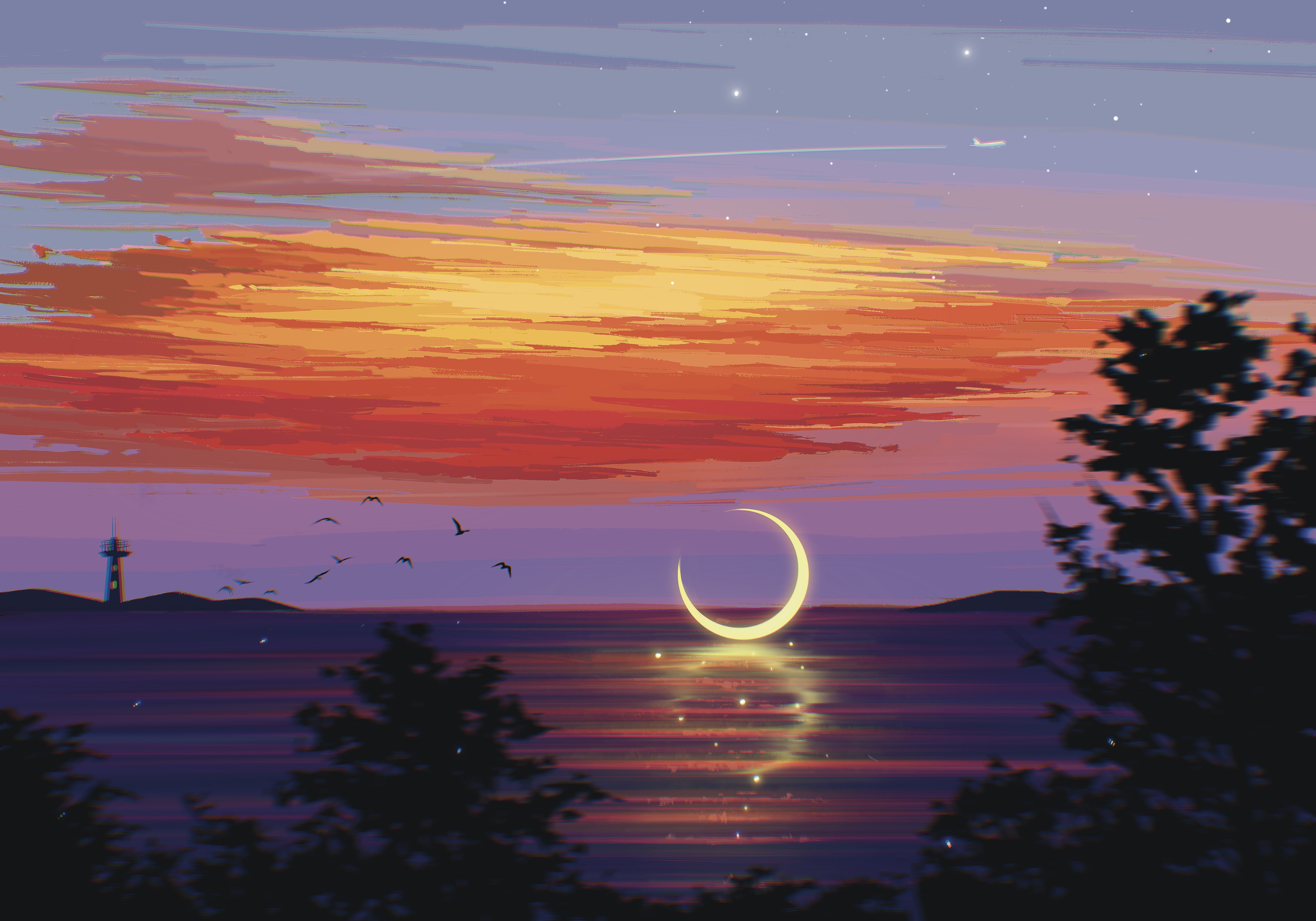 Digital Art Artwork Illustration Painting Landscape Sea Water Clouds Moon Birds Trees Sunset Airplan 4724x3307