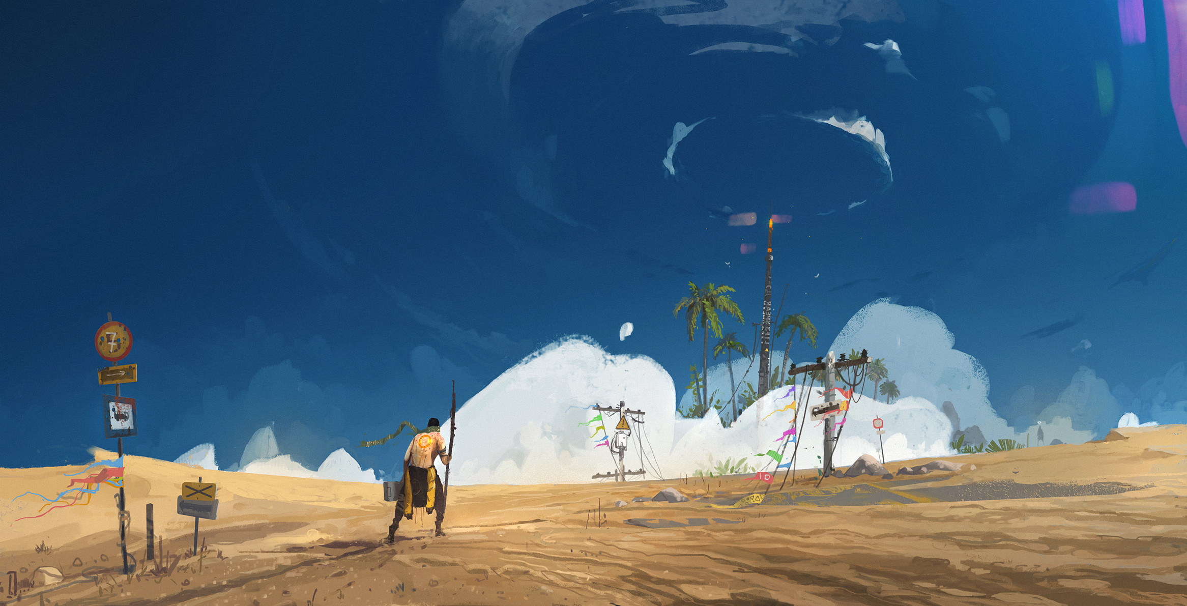 Digital Art Artwork Illustration Digital Painting Ismail Inceoglu Desert Clouds Palm Trees Men Sky R 2333x1191