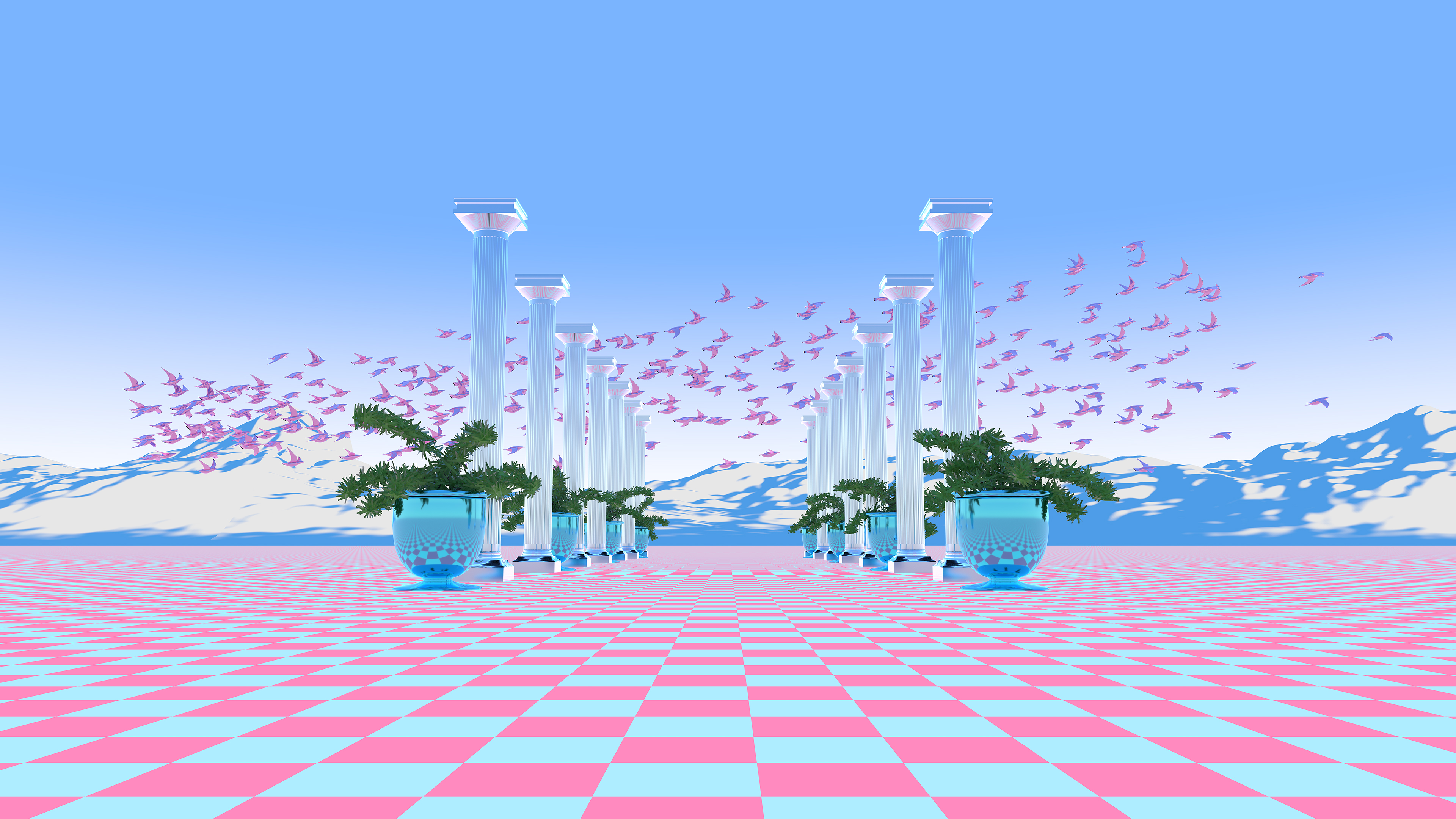 Vaporwave Digital Art Pillar Checkered Pattern Vases Pink Blue Flock Of Birds Potted Plant Plants Sk 3840x2160