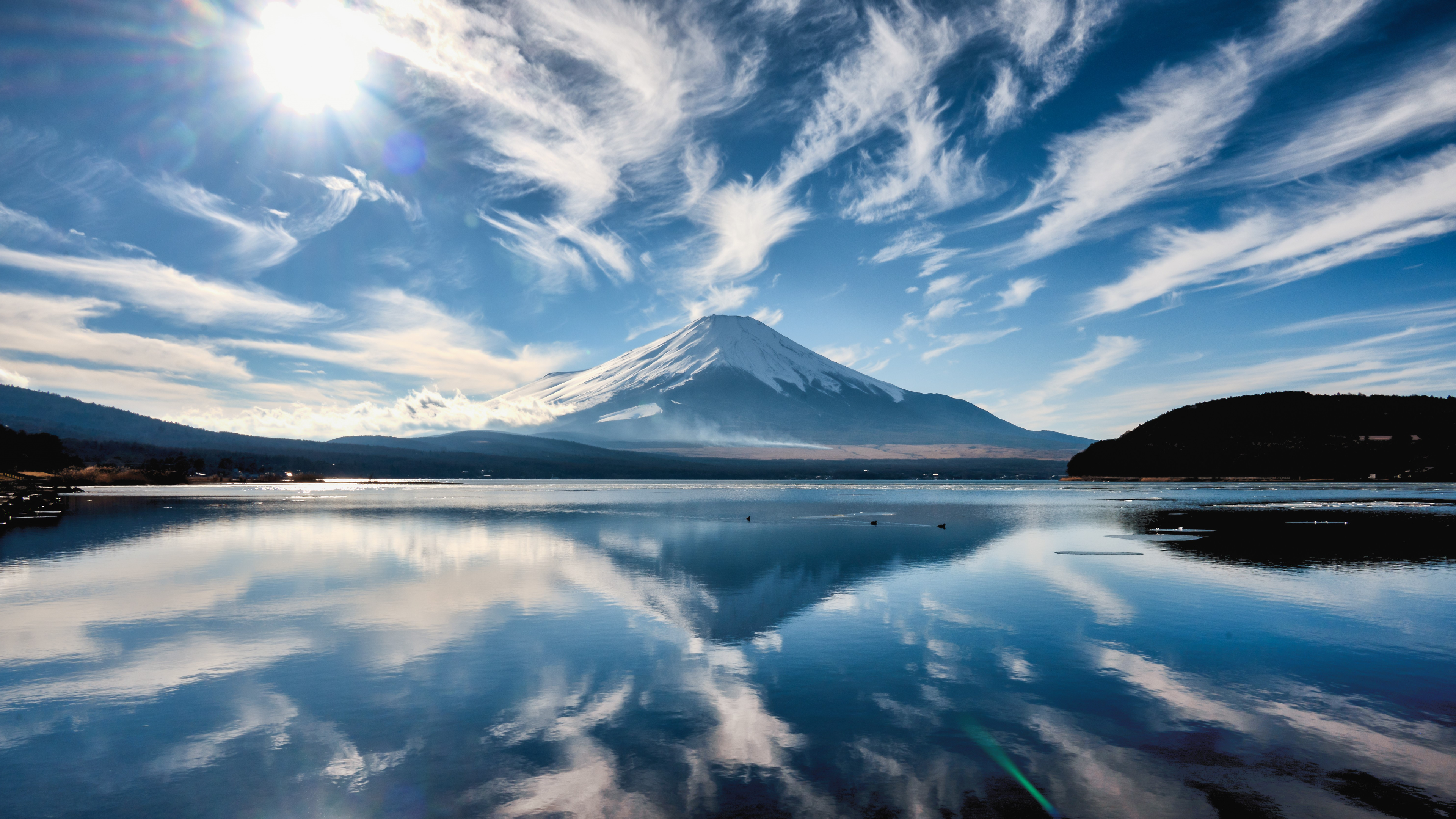 Nature Landscape Clouds Sky Sun Lake Reflection Duck Trees Hills Sun Rays Lens Flare Water Ripples L 3840x2160