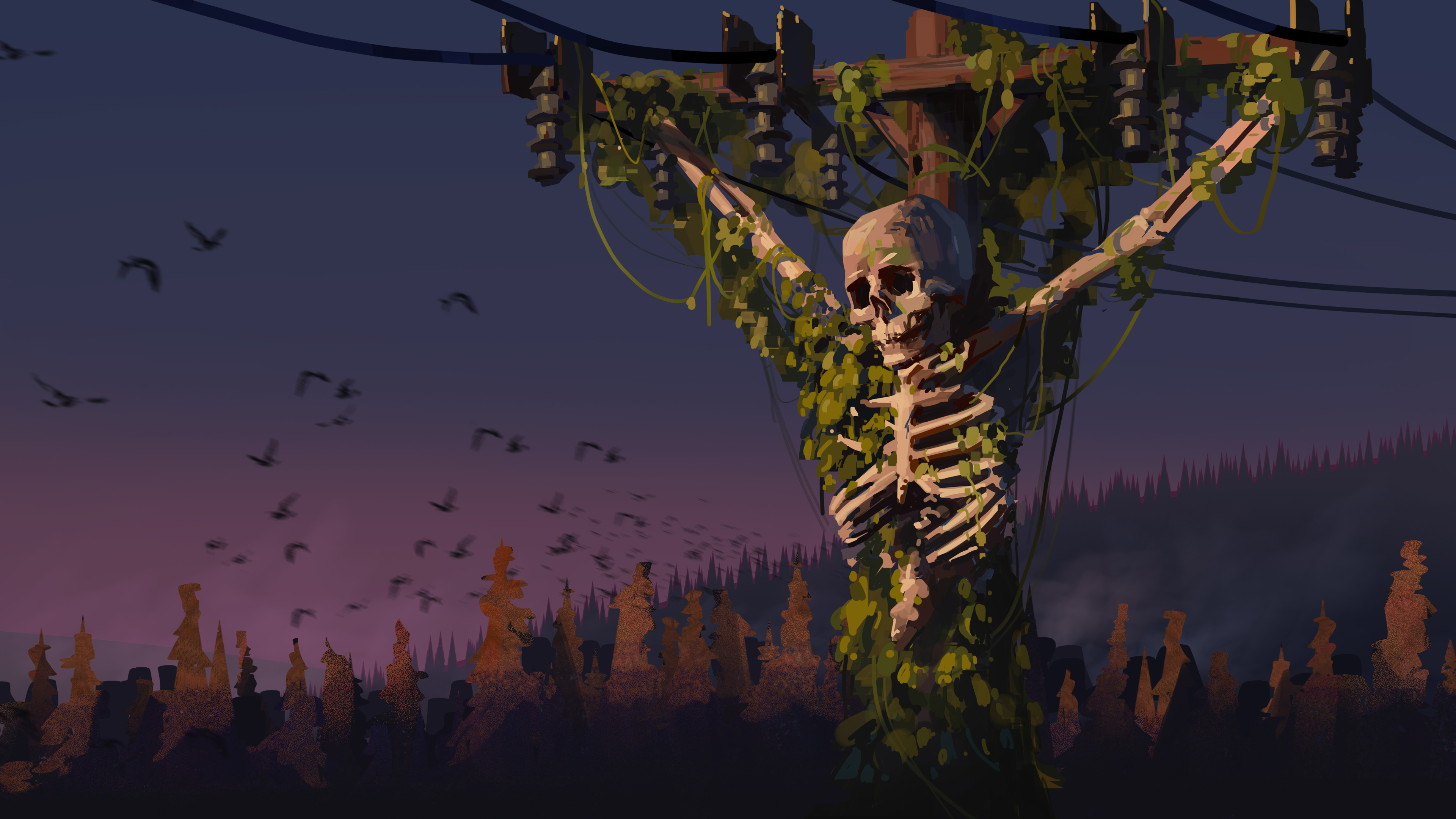 Skeleton Electric Wire Dawn Birds Mountains Archie Chrisanthou Digital Art 3840x2160