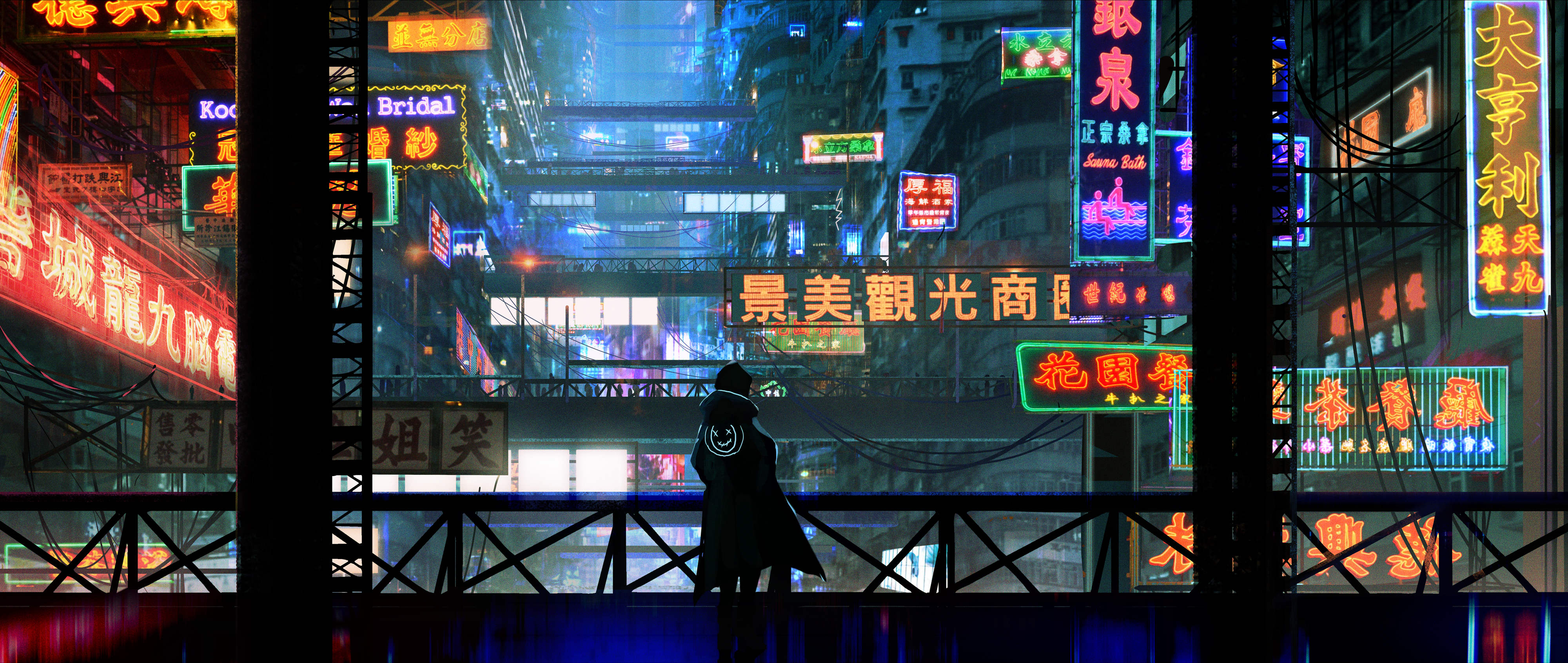 Digital Art Artwork Illustration Billboards Neon Neon Sign Futuristic Cyberpunk Bridge City Architec 4000x1691