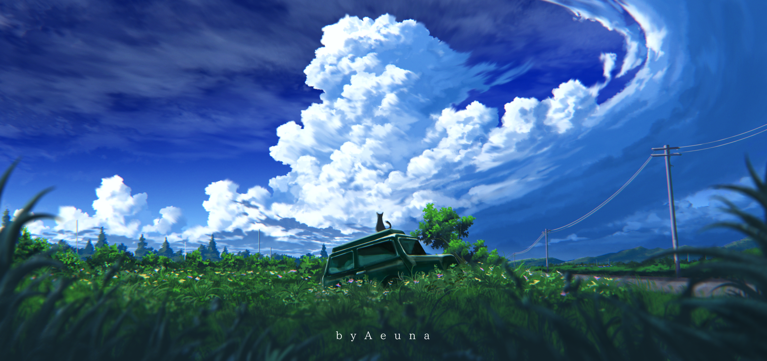 Anime Sky Clouds Cats Car Grass Utility Pole Flowers Aeuna 2560x1207