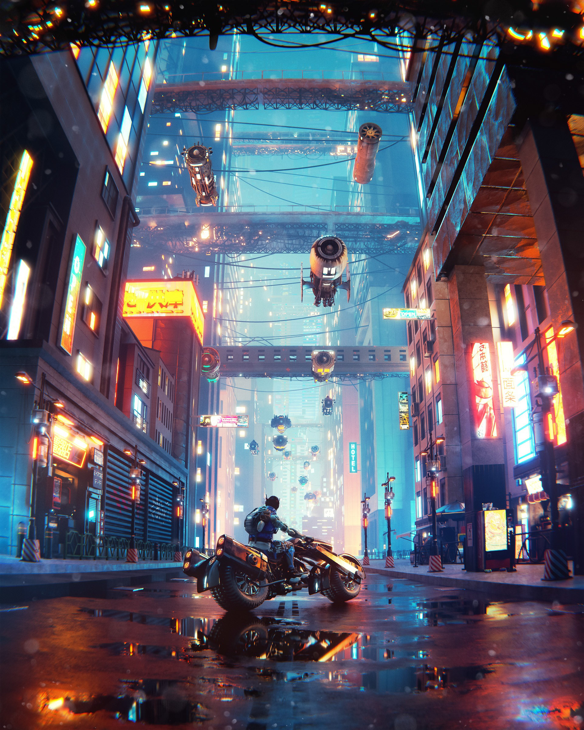 Marco Zagara Digital Art CGi Cyberpunk Dystopian Futuristic Futuristic Construction Flying Car Neon  1920x2400