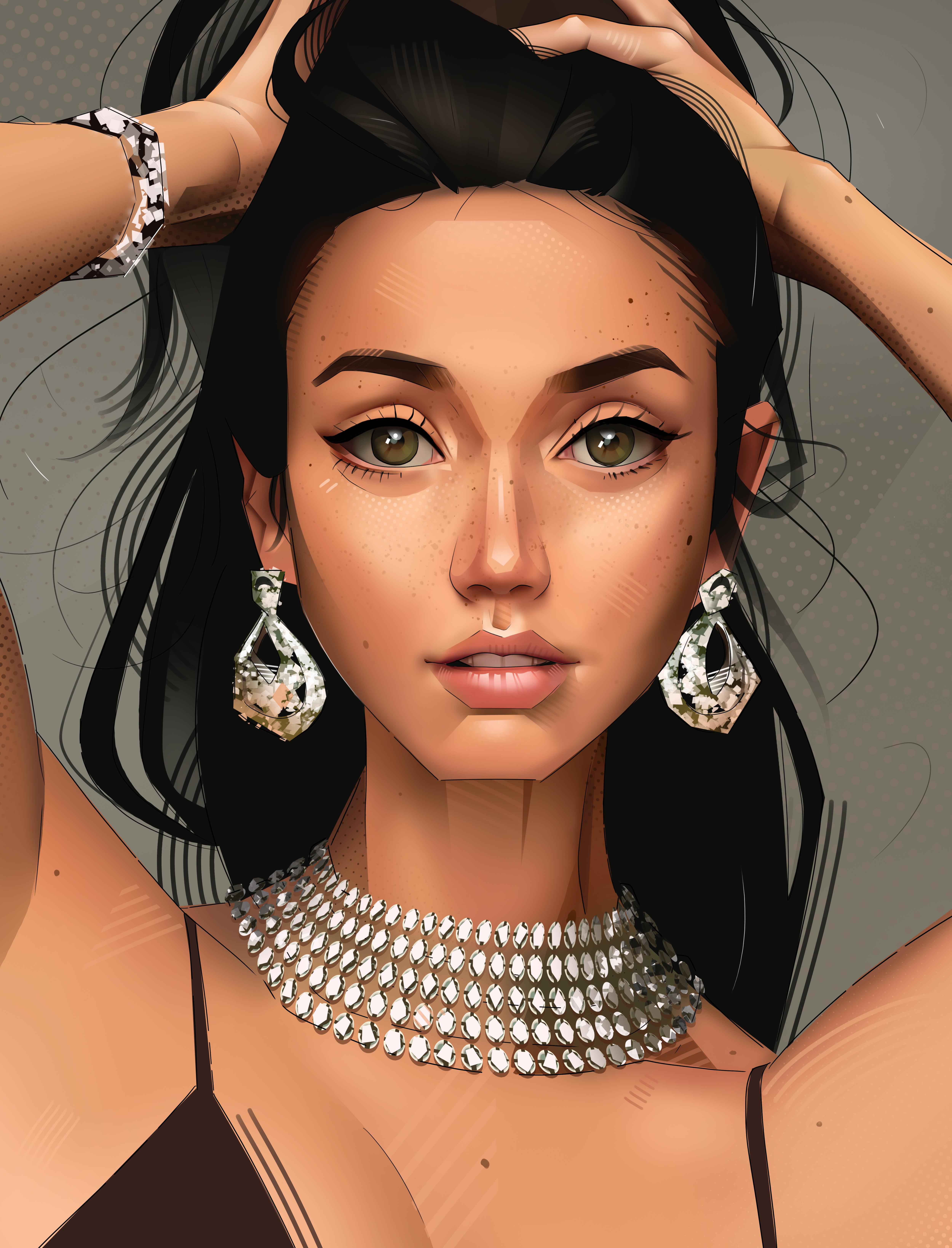 Artwork Face Jewelry Brunette Hands In Hair Necklace Diamond Earrings Lilliepad97 Digital Art Portra 5000x6554