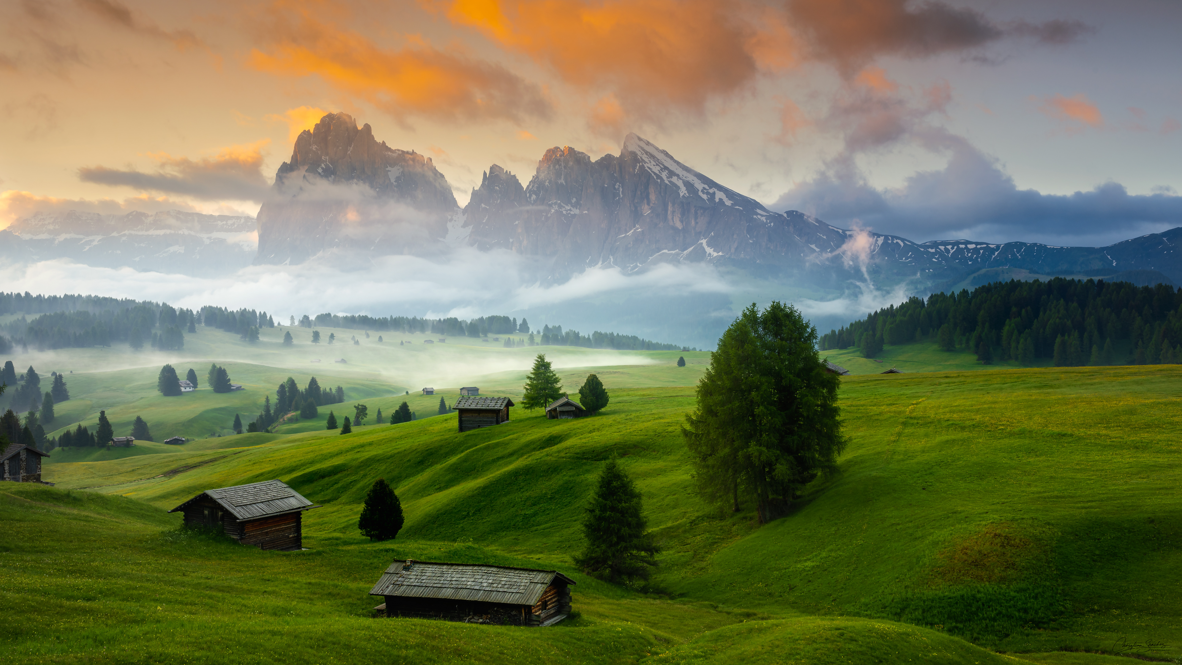 Nature Landscape Trees Grass Field Mountains Clouds Sky Morning House Cabin Mist Golden Hour Snowy P 3840x2160