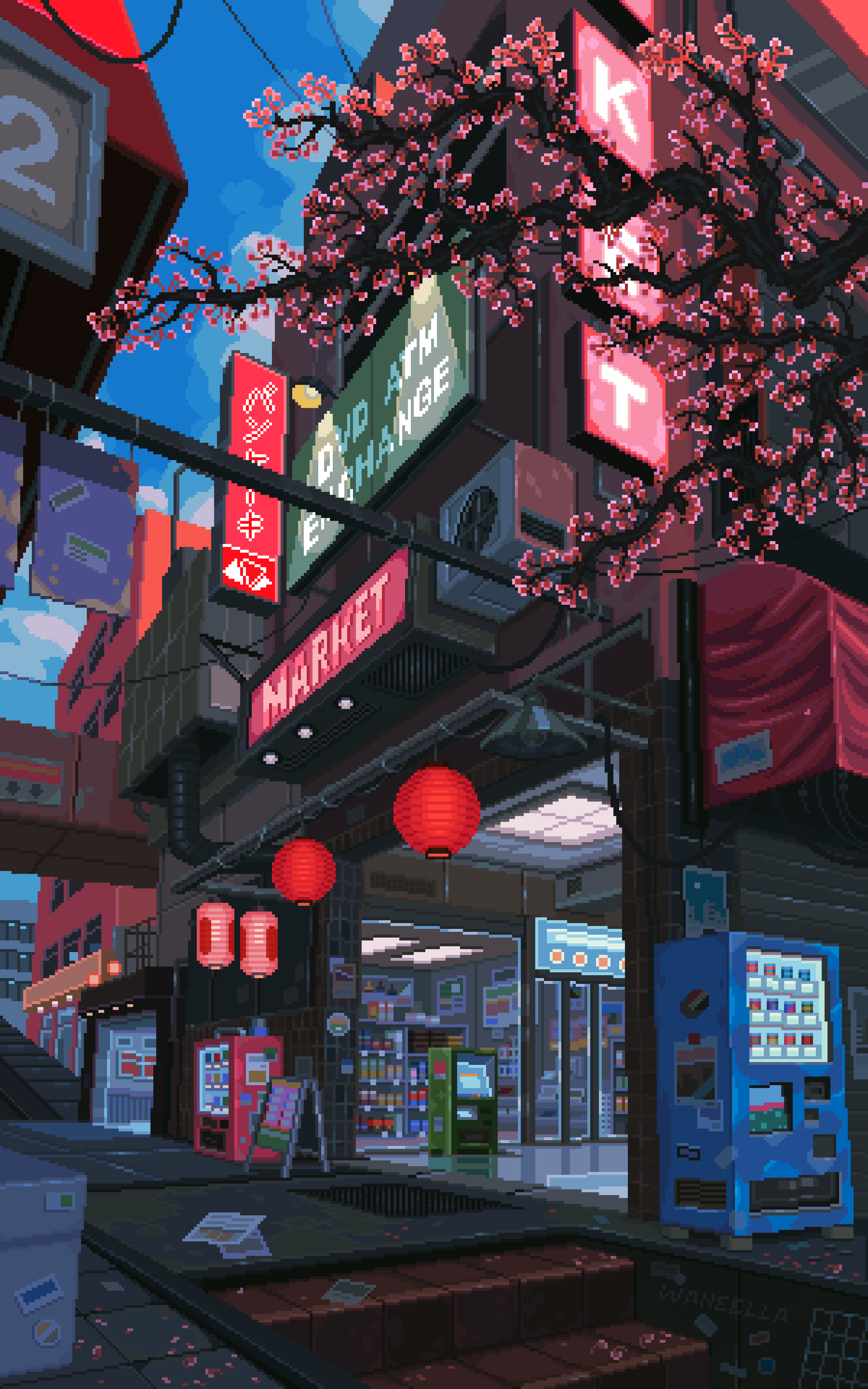 Waneella Pixel Art Trees City Digital Art Portrait Display Street Market Cherry Blossom 3600x5760