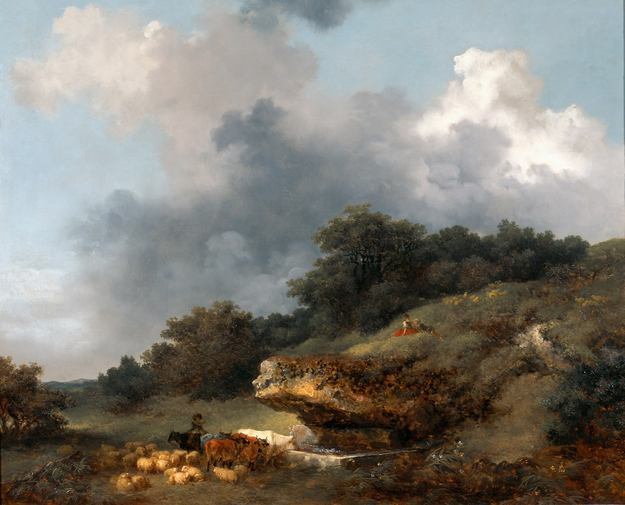 Classic Art Painting Jean Honore Fragonard Landscape Cow Sheep Animals Lake Bushes Sky Clouds 2048x1655