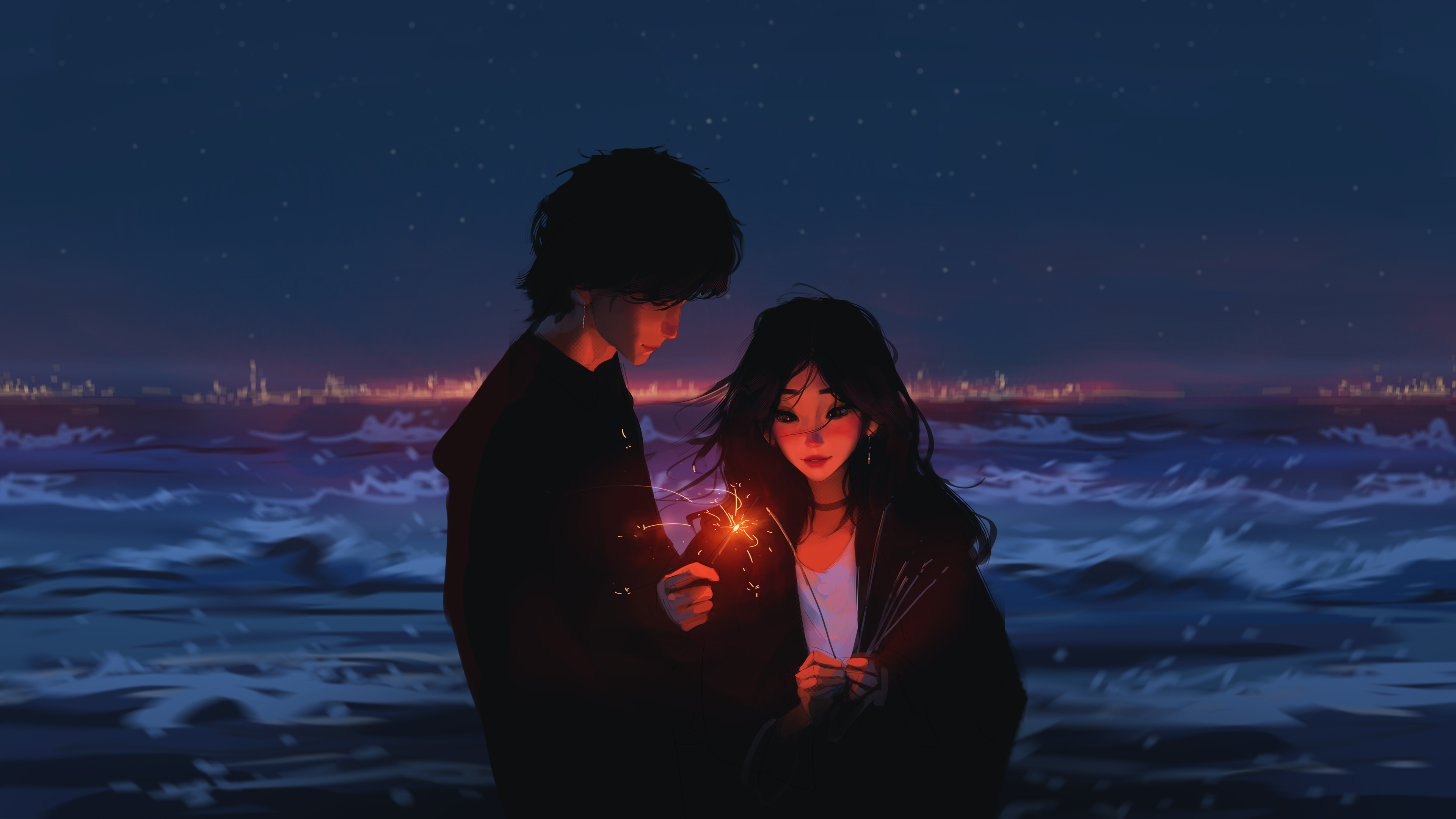 Sam Yang Digital Art Illustration Artwork Painting Couple Women Men Sea Waves Night 4K Long Hair Dar 3840x2160