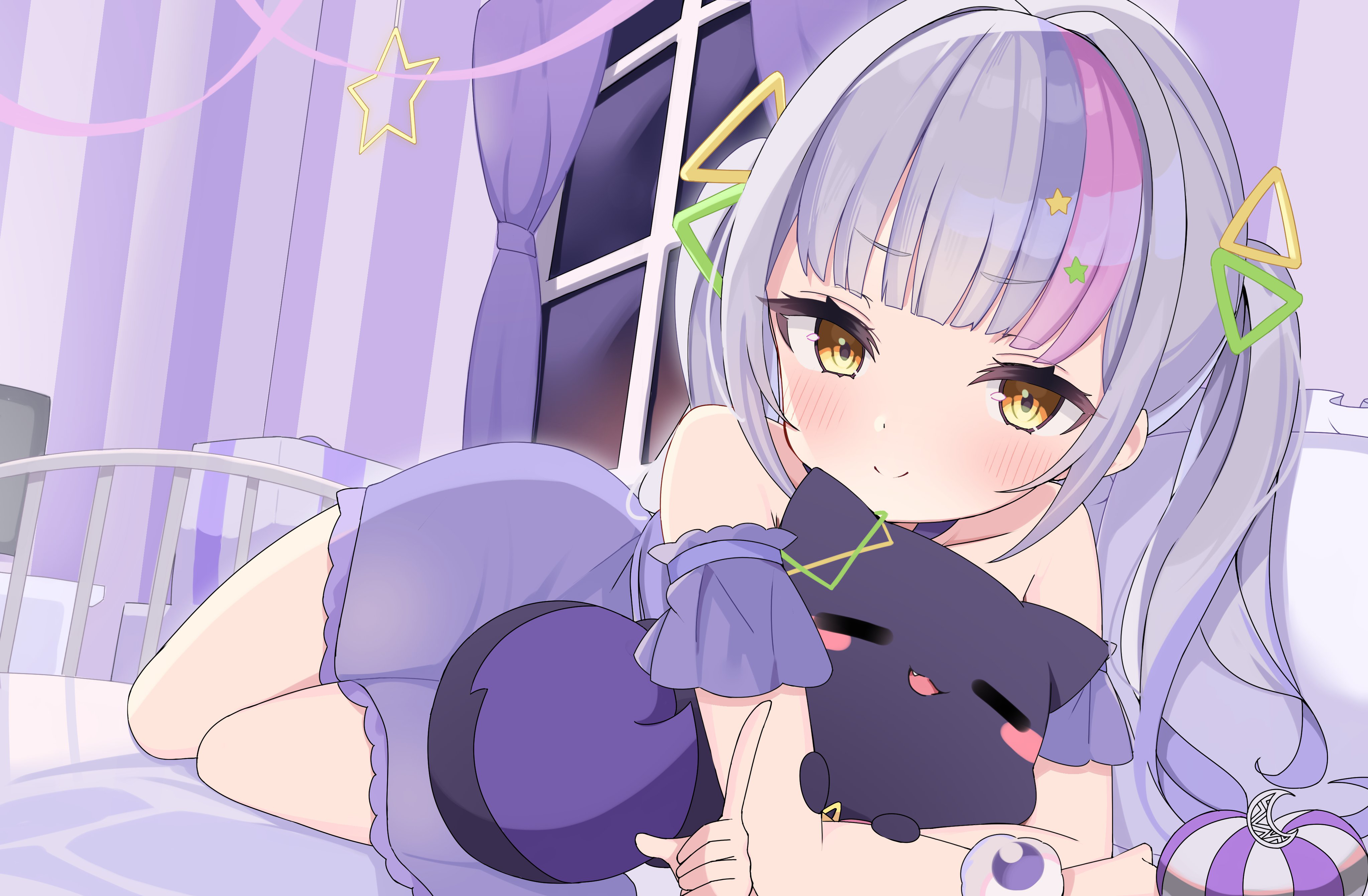 Murasaki Shion Virtual Youtuber Hololive Bed Long Hair Yellow Eyes Lying Down 4093x2682