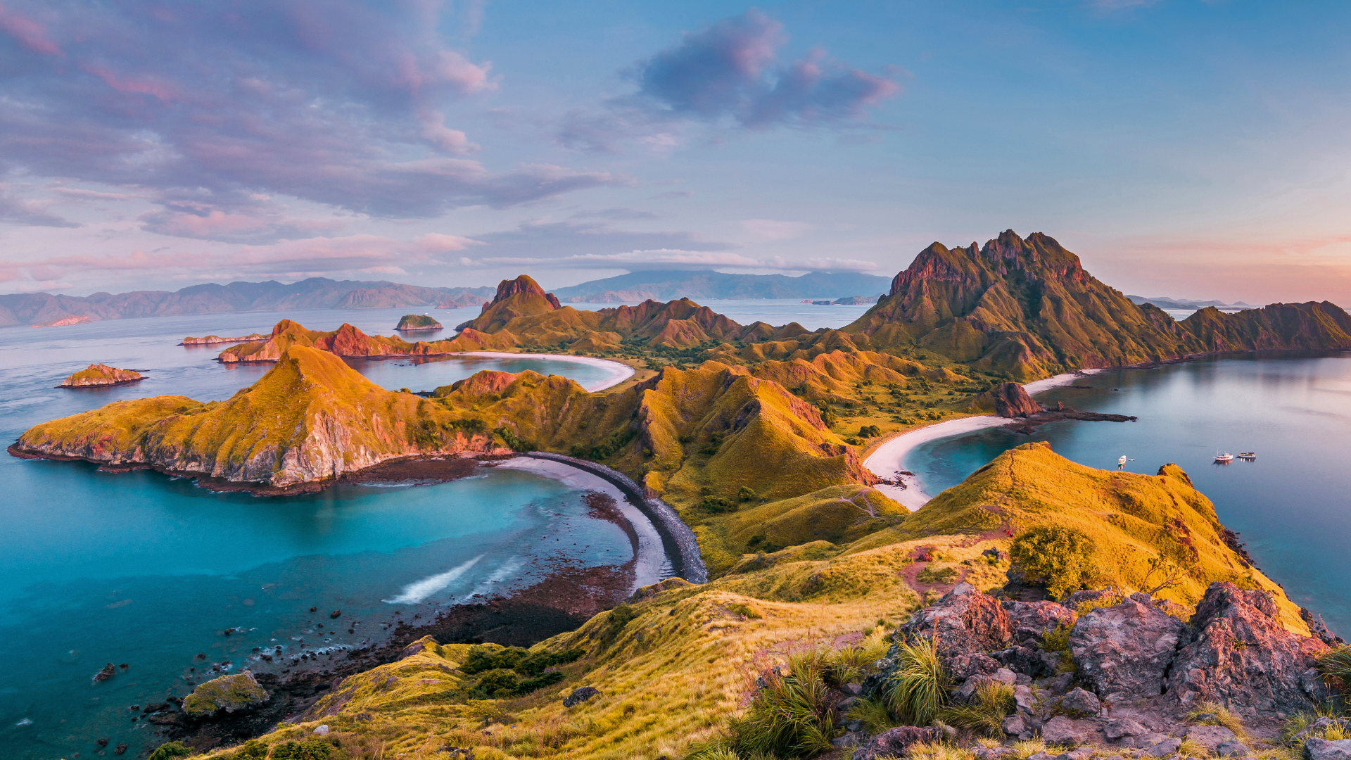 Nature Landscape Sky Clouds Water Mountains Rocks Grass Plants Boat Far View Komodo National Park In 1920x1080