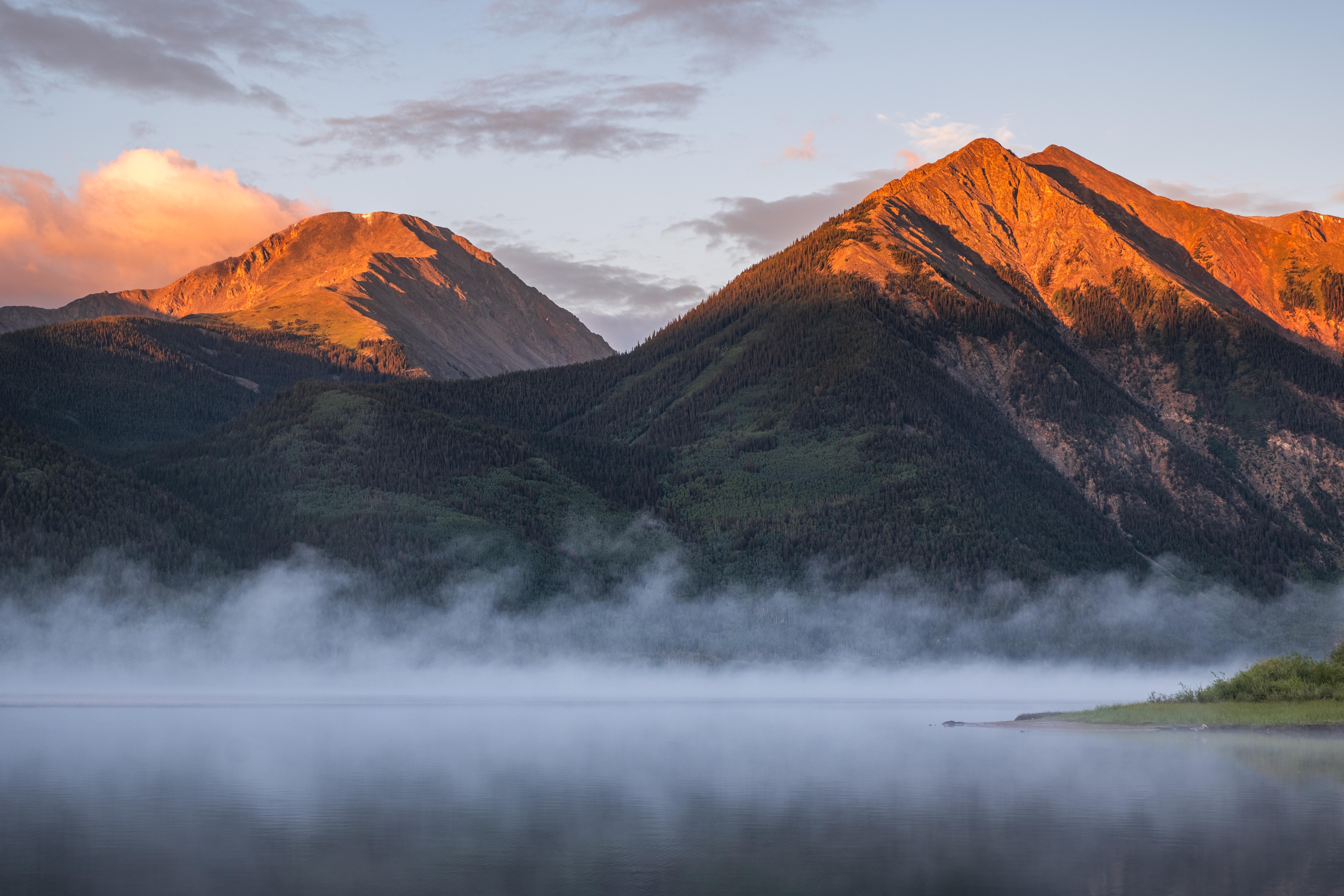 Forest Lake Colorado USA Landscape Nature Mist Sunrise Sunset Mountains Clouds 7728x5152