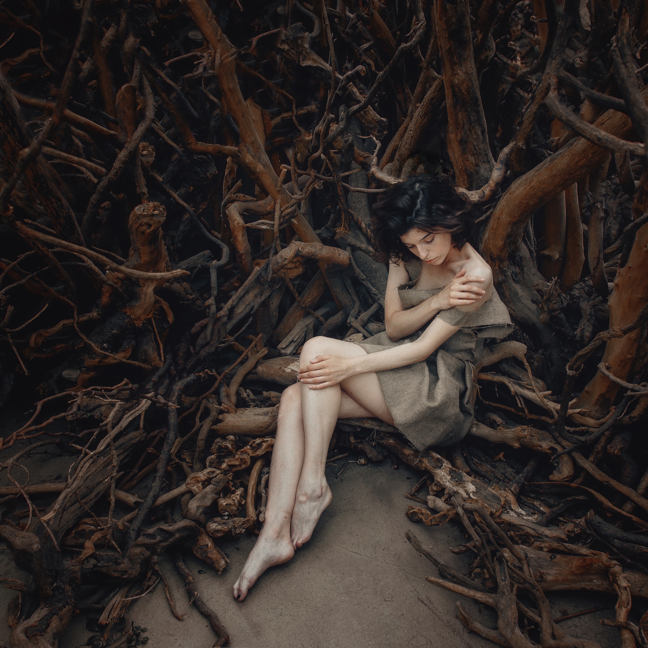 Andrew Vasiliev Women Barefoot Cloth Roots Dark Hair 2160x2160