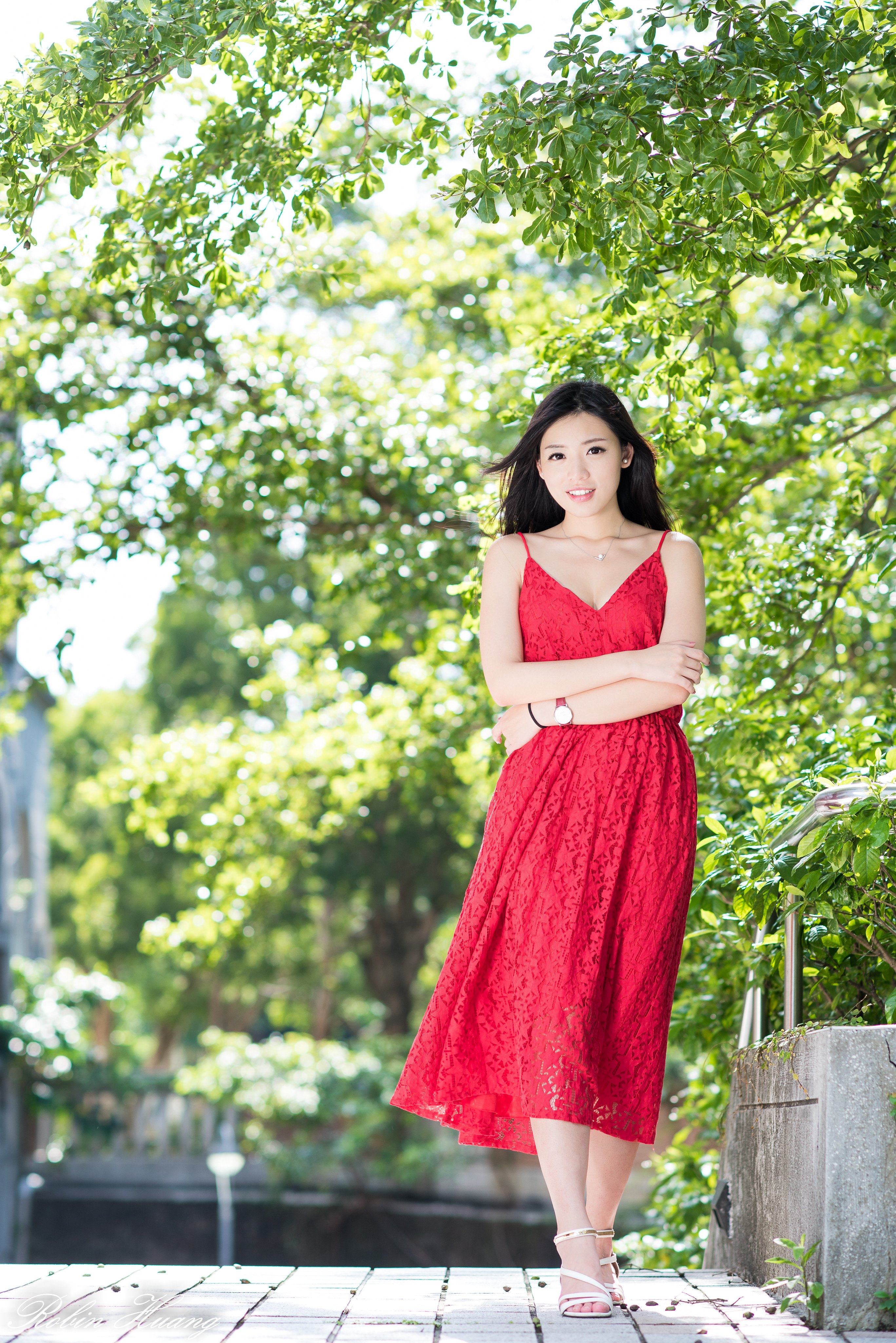 Model Women Asian Red Dress Arms Crossed Women Outdoors Portrait Display Robin Huang 2734x4096