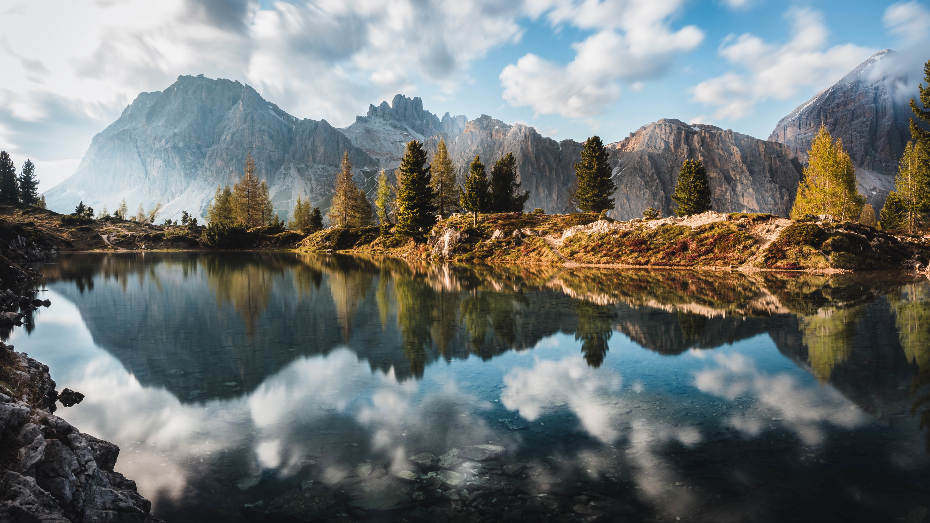 Nature Landscape Trees Water Reflection Clouds Mountains Rocks Grass Sky Pine Trees Spruce 3840x2160