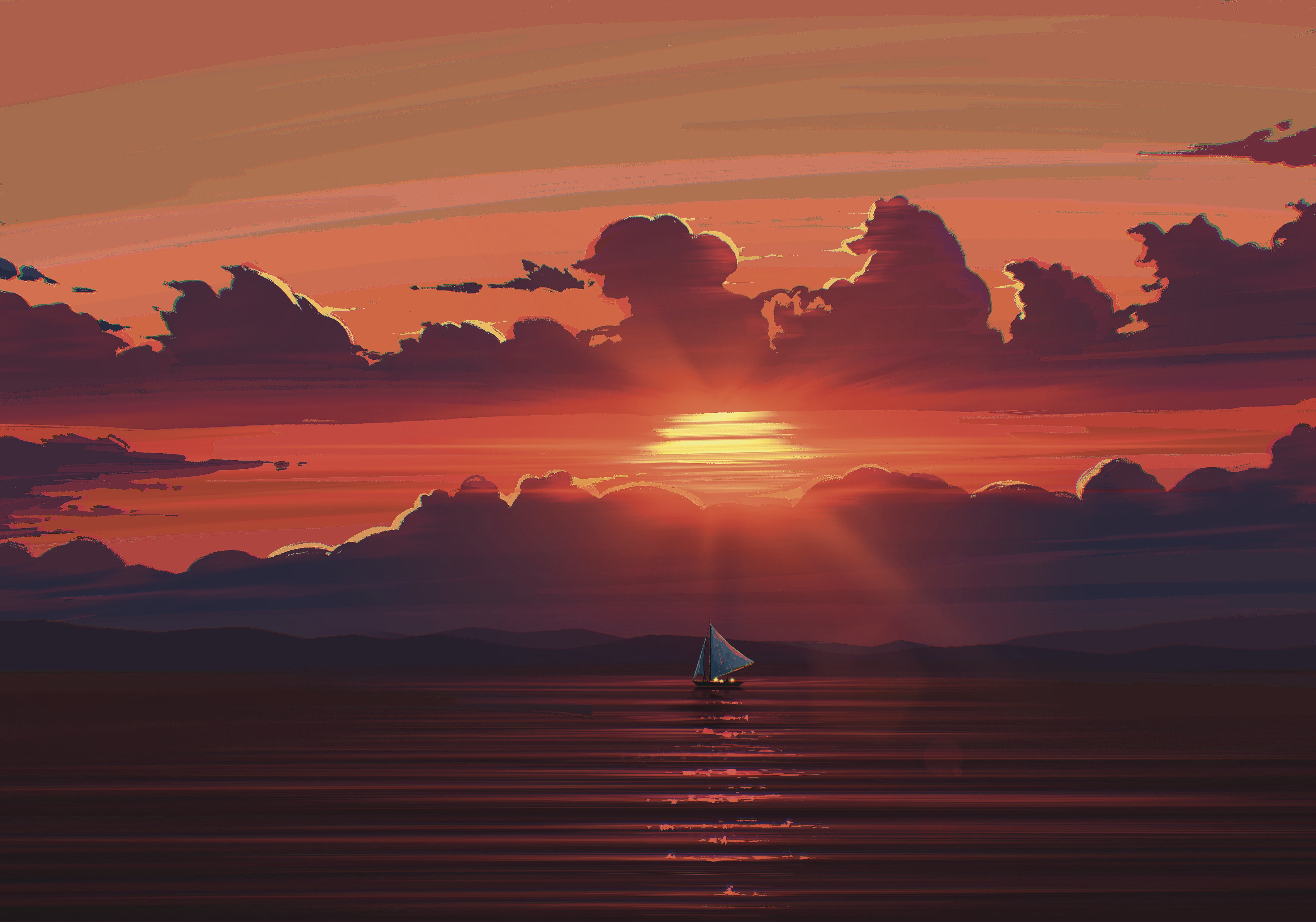 Digital Art Artwork Illustration Painting Landscape Sunset Sea Water Clouds Sun Boat Sailing Ship Mo 4724x3307