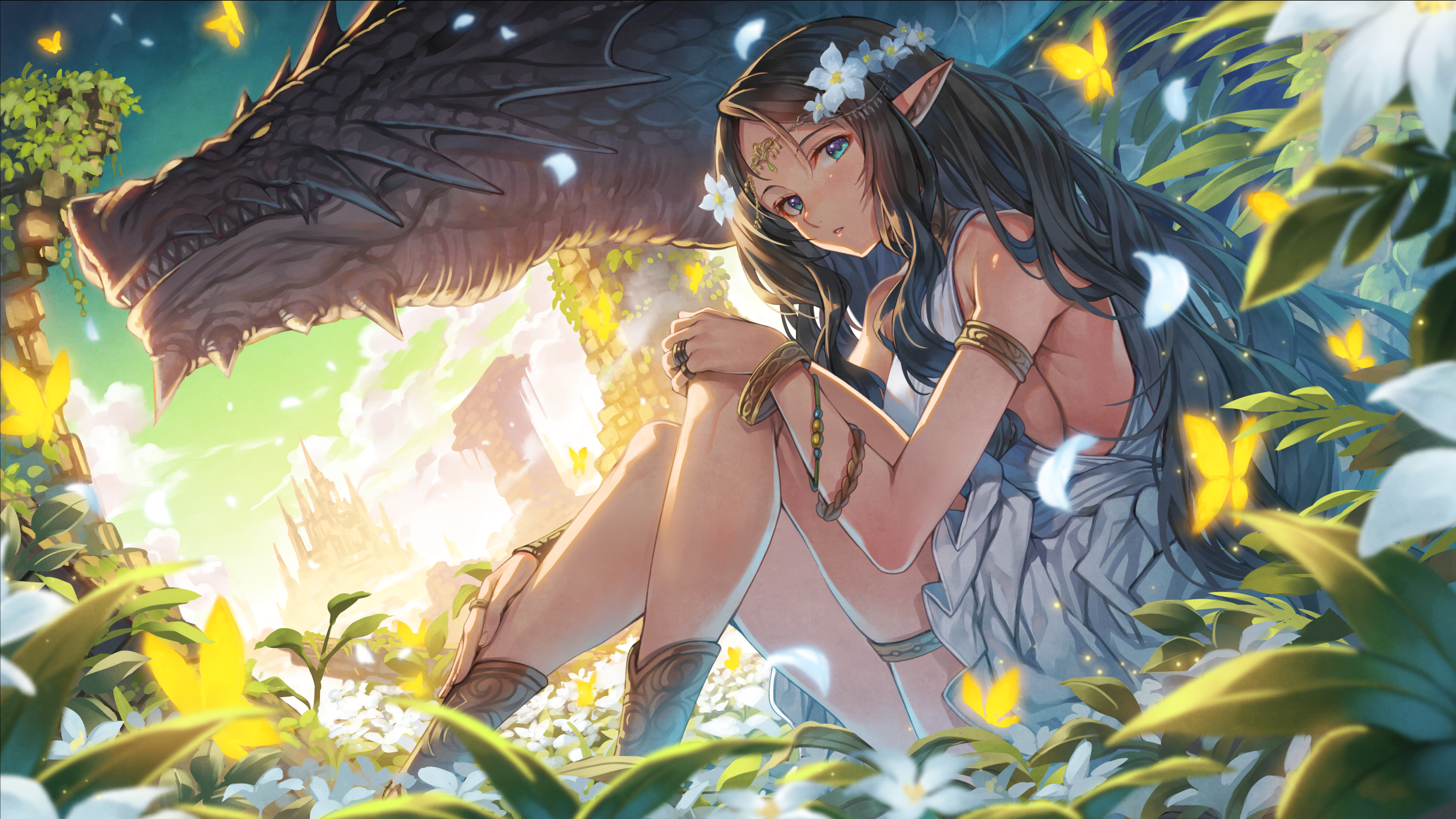 Hagure KeG Pointy Ears Elves Women Outdoors Flower Crown Sitting Looking At Viewer Sky Dragon Fantas 2425x1364