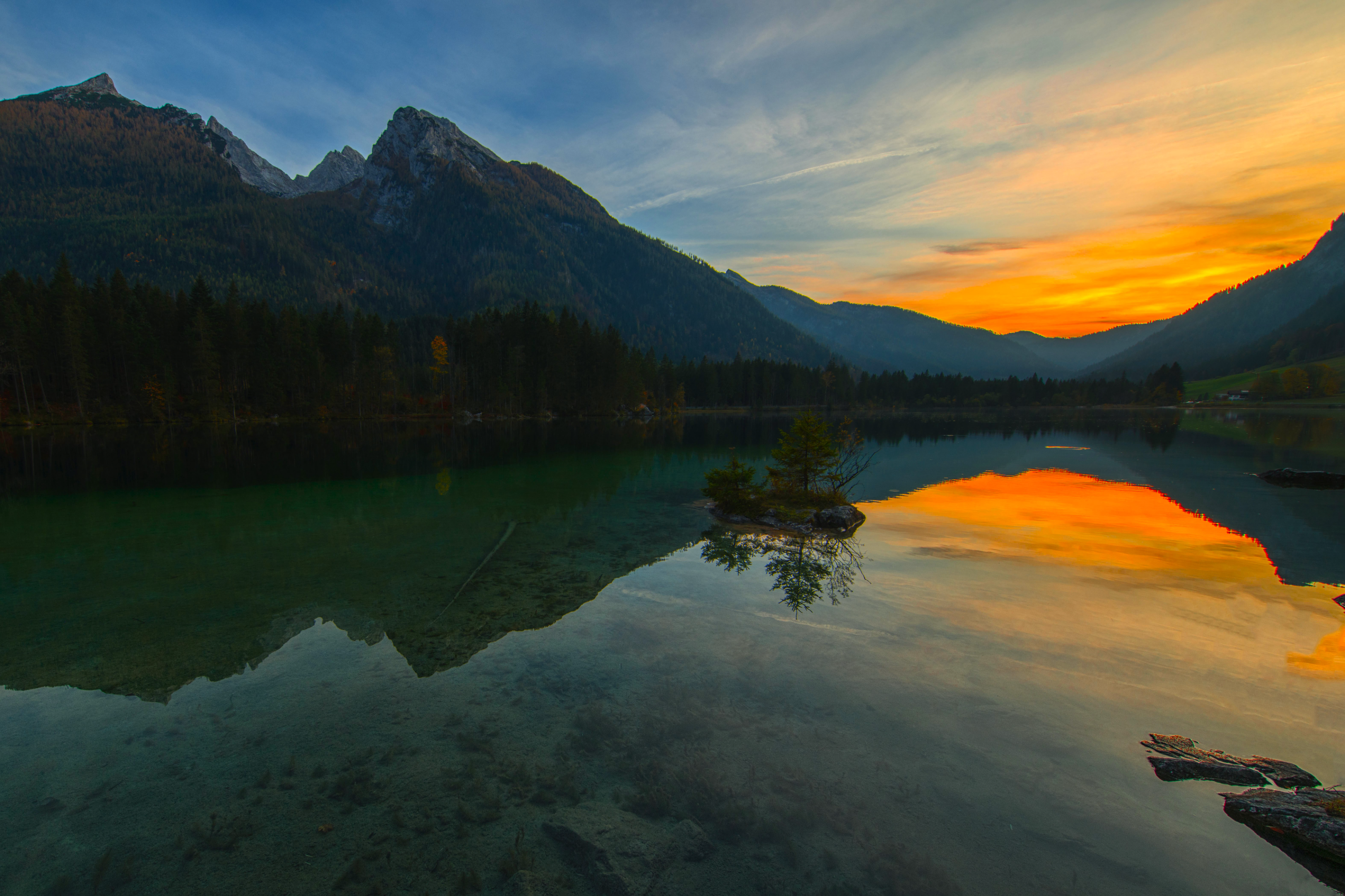 Nature Landscape Sky Clouds Sunset Trees Water Reflection Mountains Forest Low Light Hintersee Germa 3000x2000