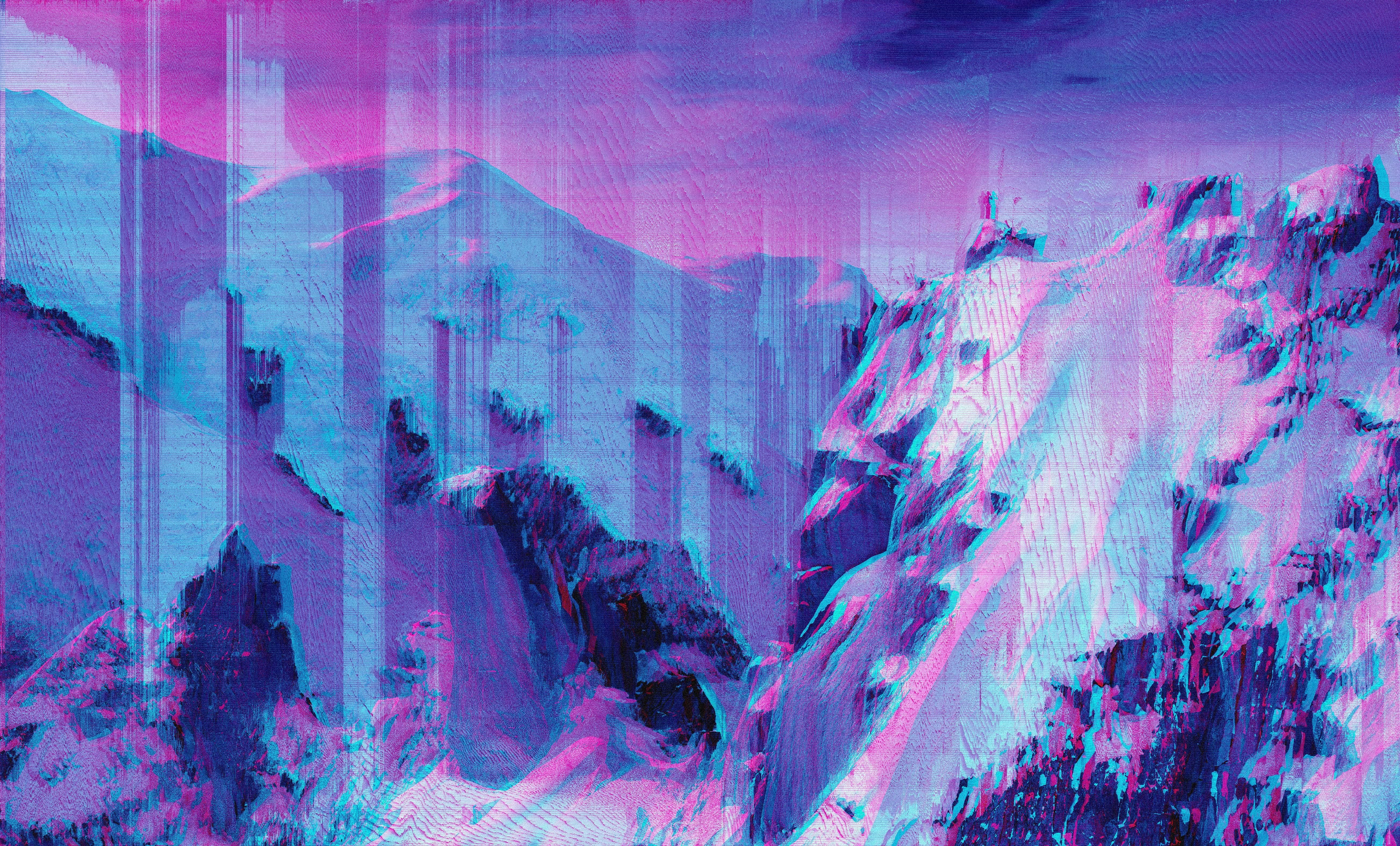 Glitch Art Abstract Mountains Nature Pink Turquoise 5211x3149