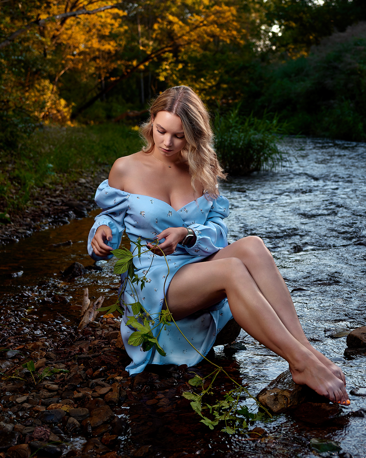 Vadim Kuzmichev Women Blue Dress Barefoot River Nature Bare Shoulders Purple Nails Orange Nails 1280x1600