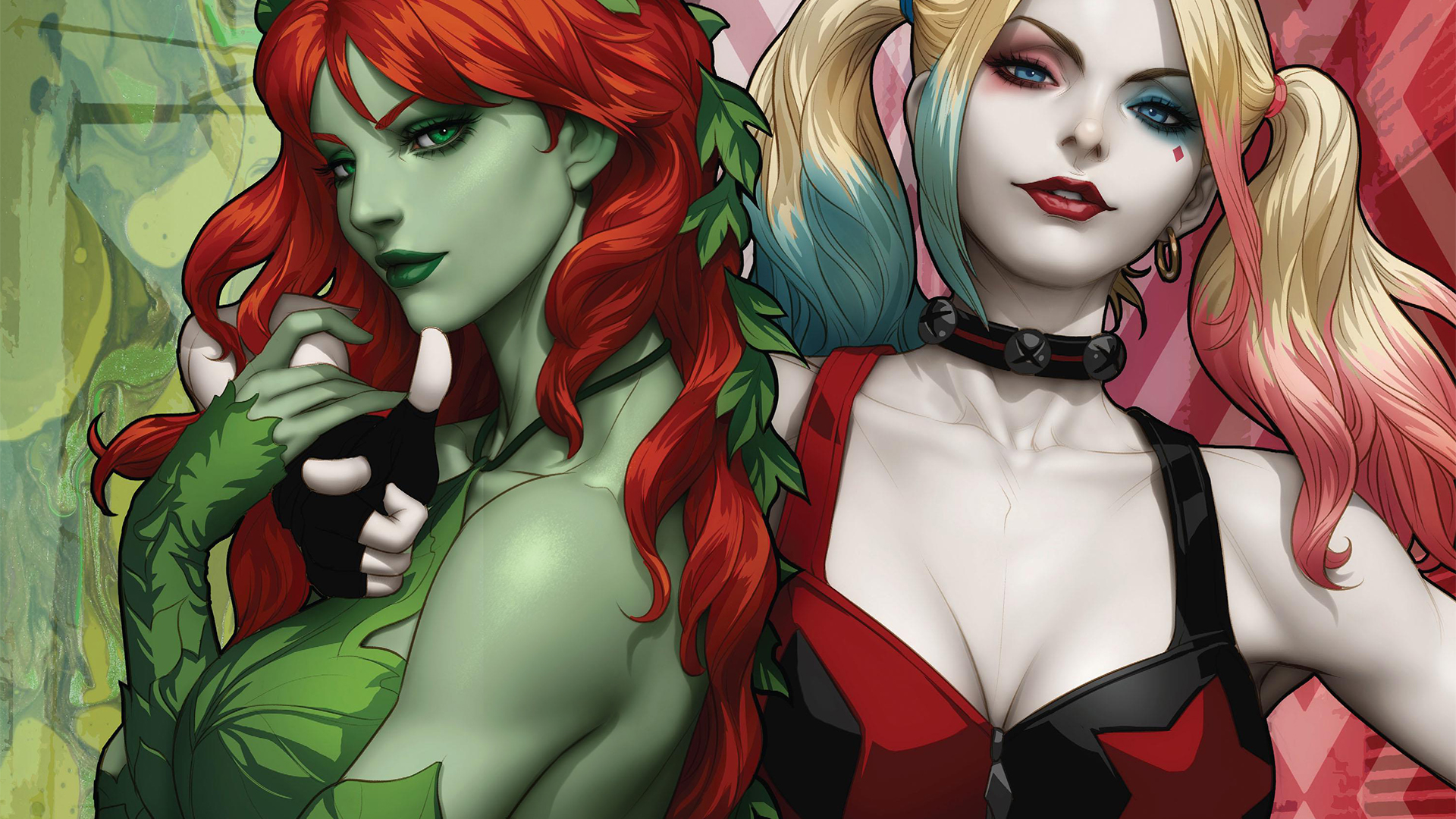 Poison Ivy Harley Quinn Artgerm DC Comics Green Leaves Superheroines Villains Antiheroes Batman 1920x1080