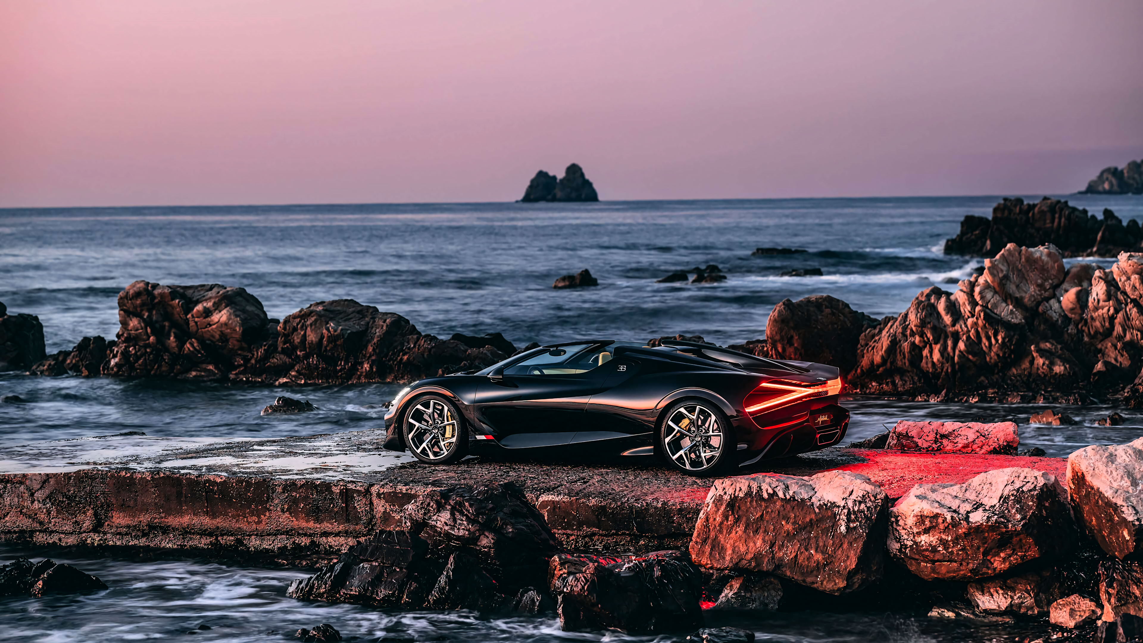 Bugatti Coast Sea Rocks Waves Clear Sky Supercars Nature Red Light French Cars Volkswagen Group Buga 3840x2160